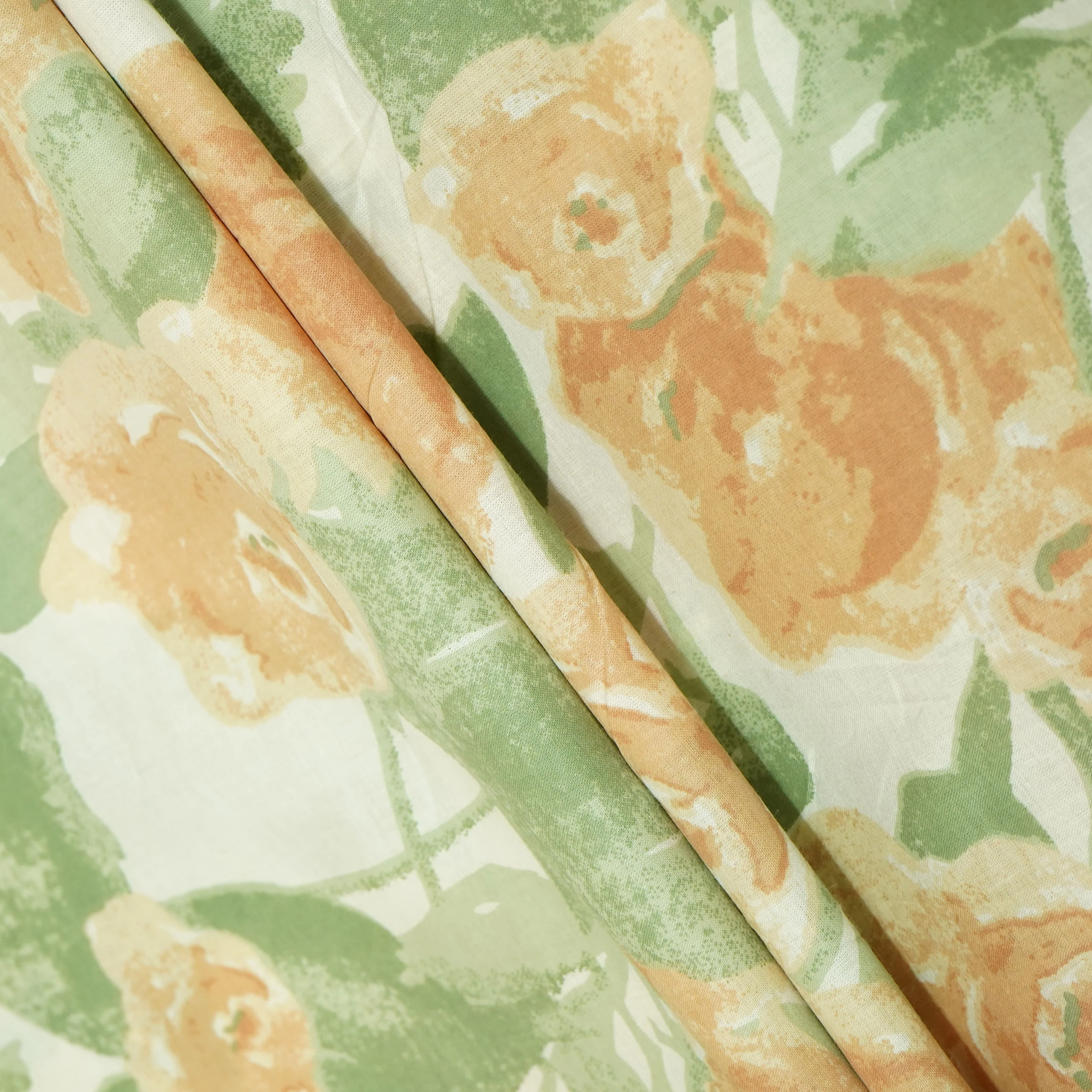 Off White & Green Floral Print Cotton Fabric 23454 - Image 3