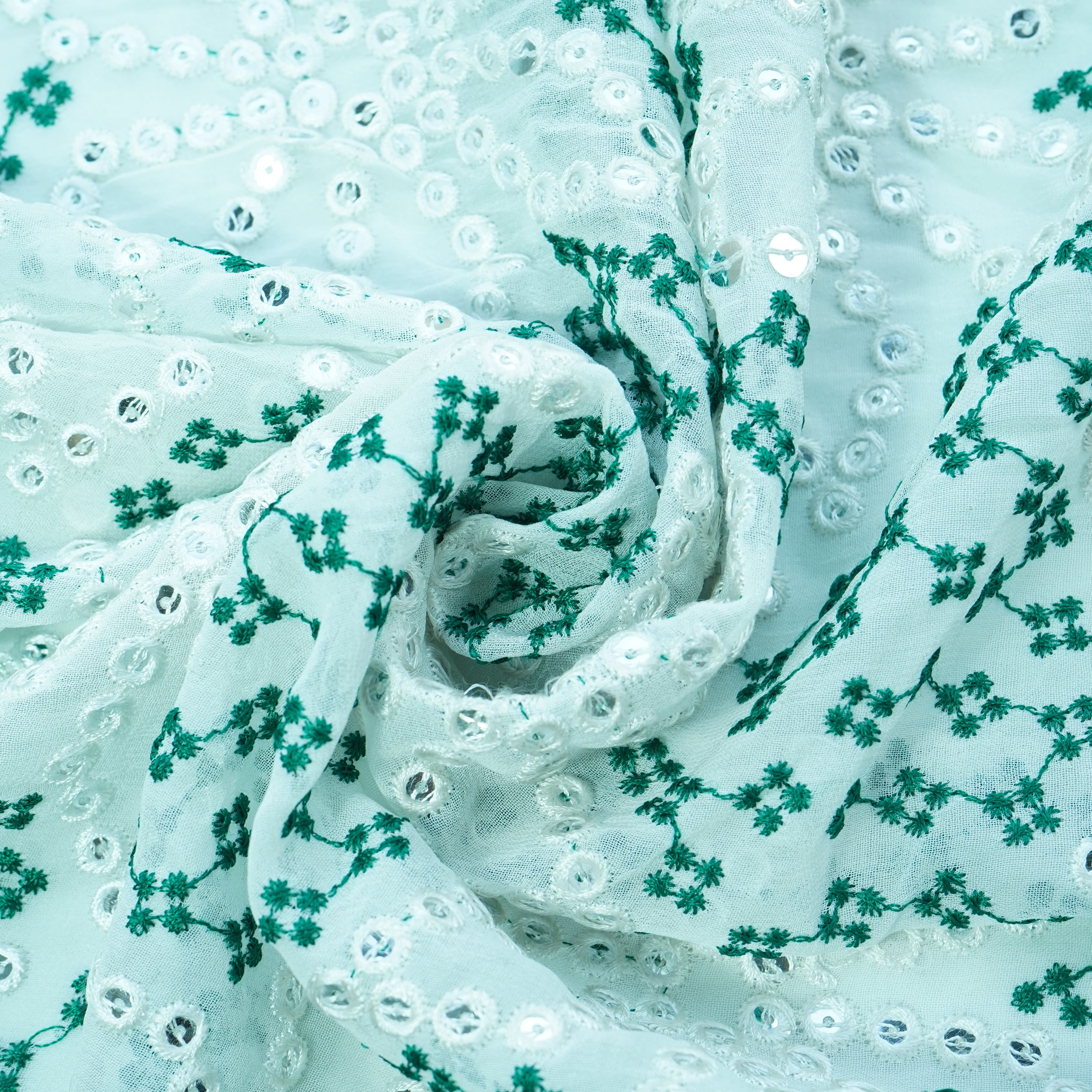 Off White Green Thread Embroidery Georgette Fabric AF-19343
