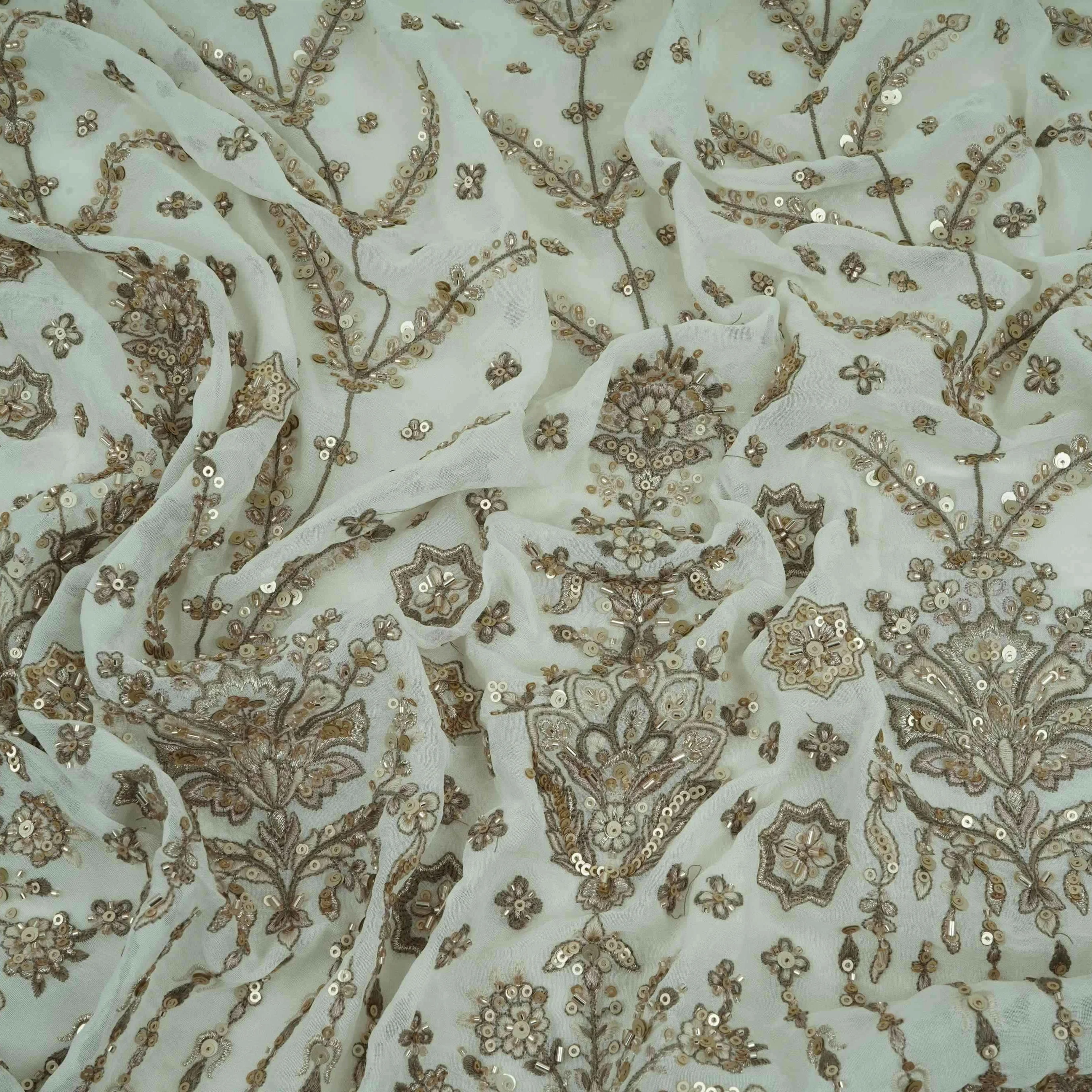 Off White Mughal Bird & Floral Jaal Embroidery Georgette Fabric DR-32393 - Image 3