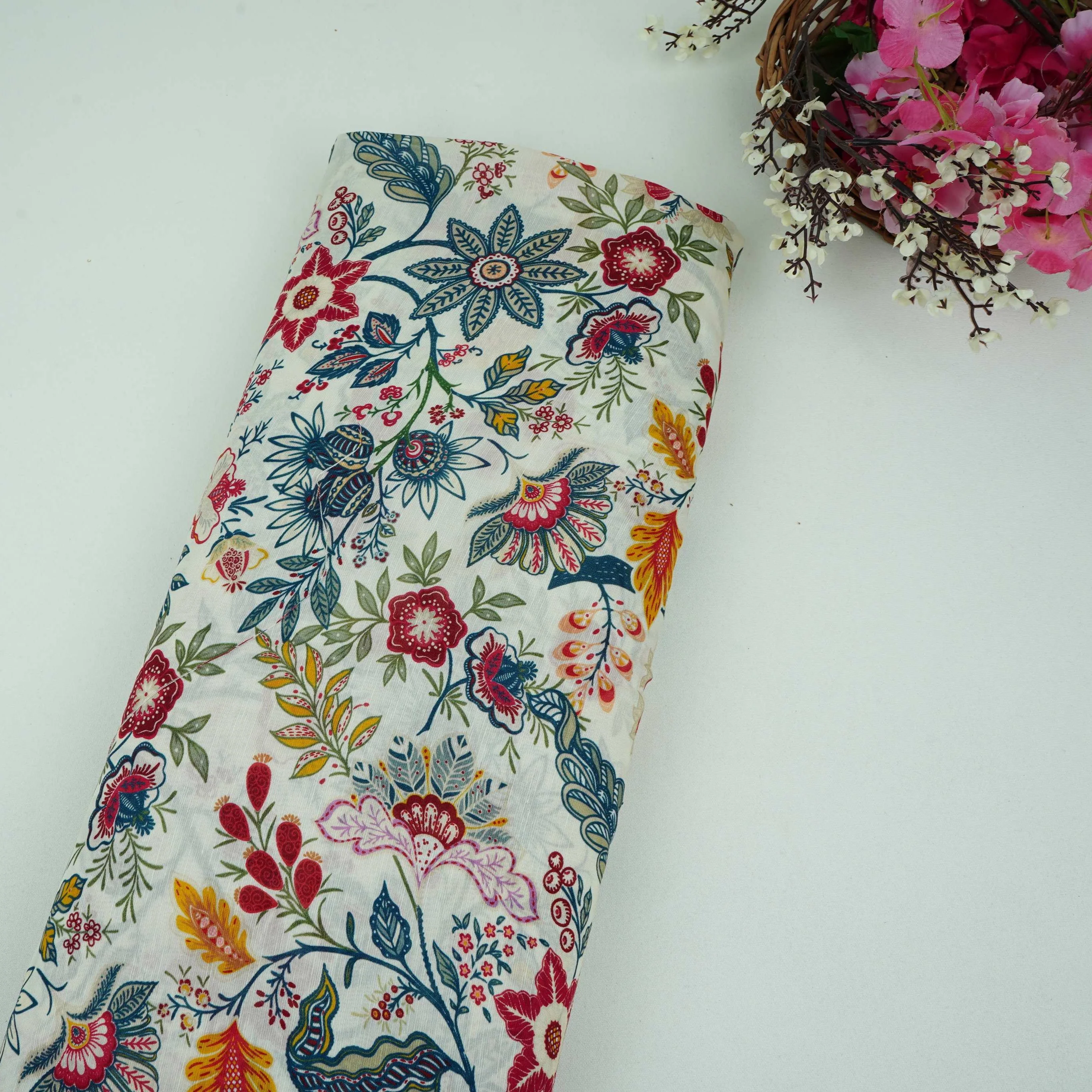 Off White Multicolor Floral Print Linen Fabric GTS-32025