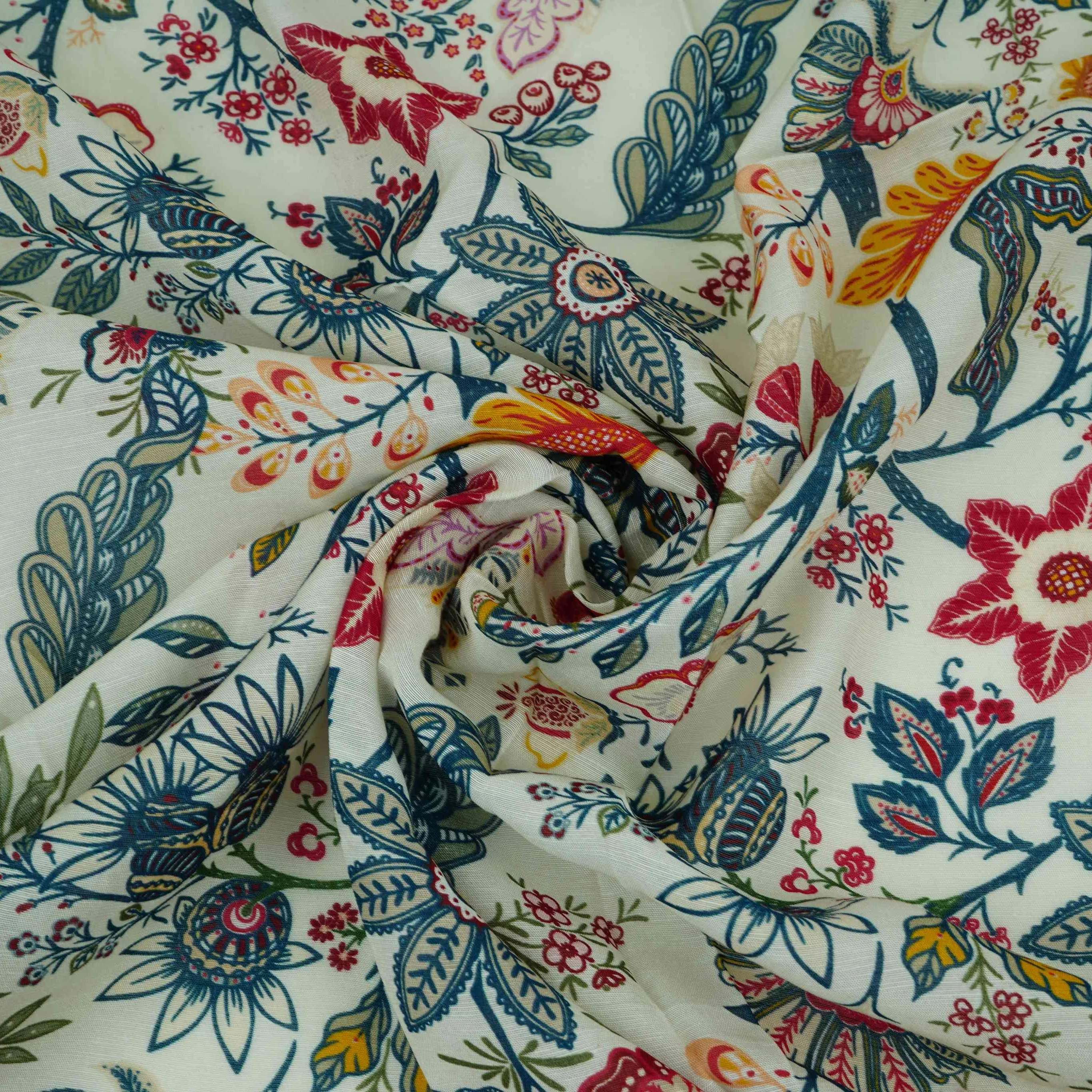 Off White Multicolor Floral Print Linen Fabric GTS-32025 - Image 3