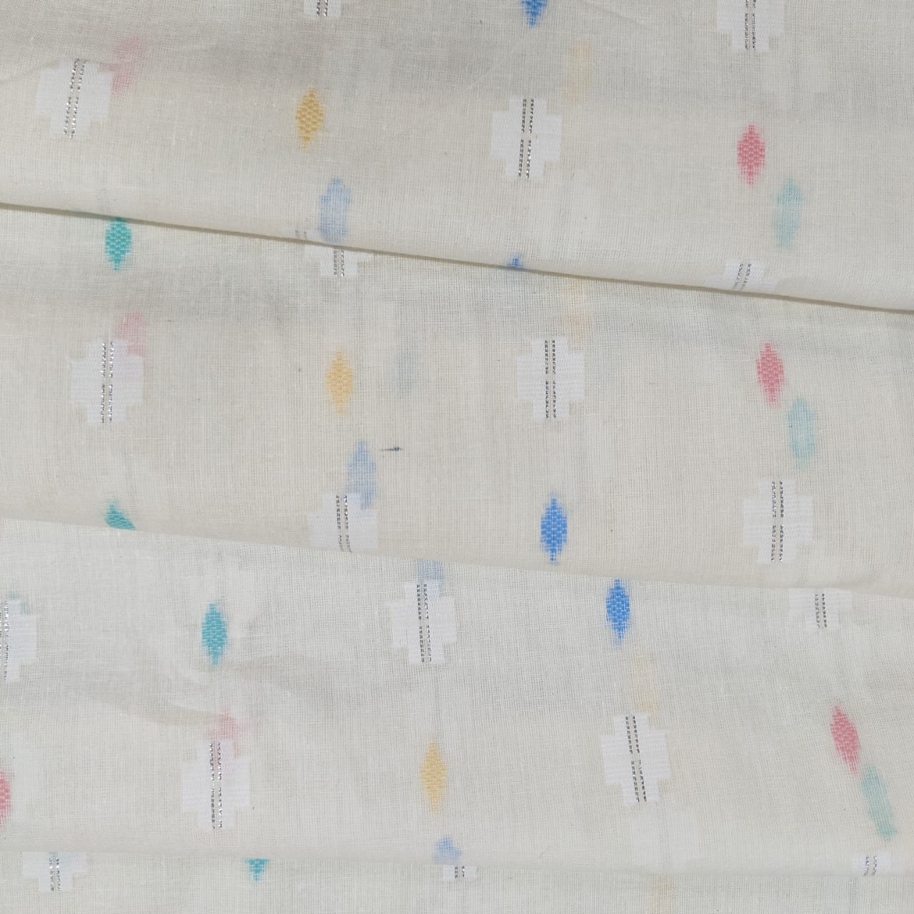 Off White & Multicolor Geometrical With Lurex Cotton Fabric 12034 - Image 2