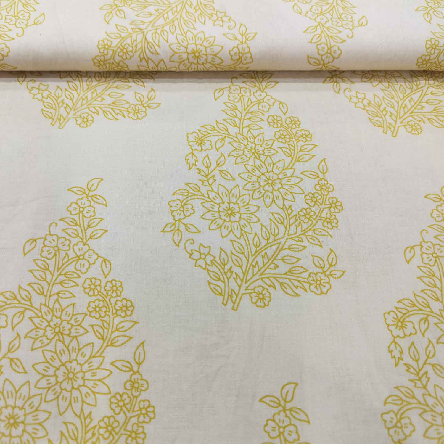 Off White & Mustard Floral Print Cotton Fabric RT-17574 - Image 2