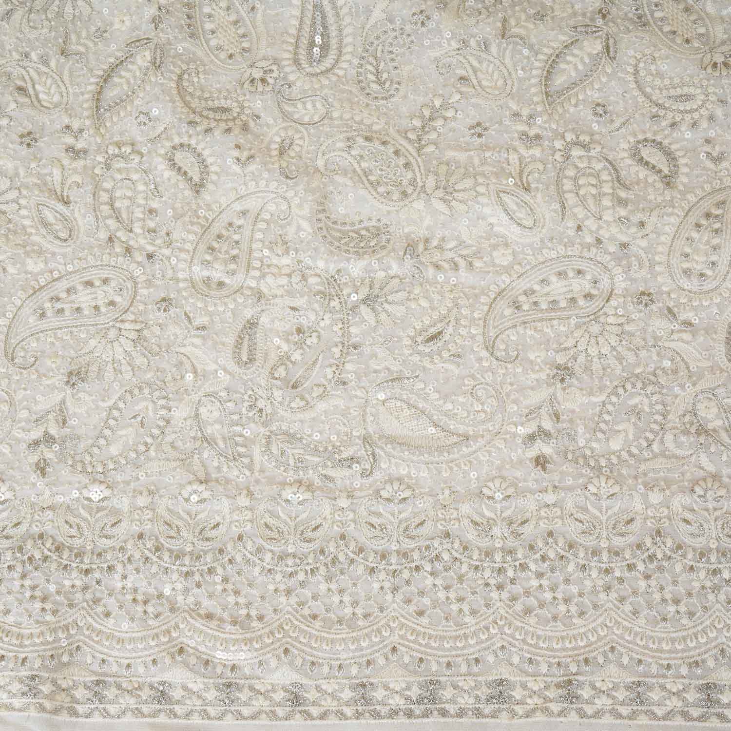 Off White Paisley Sequins Embroidery Chikankari Georgette Fabric DR-28276 - Image 4