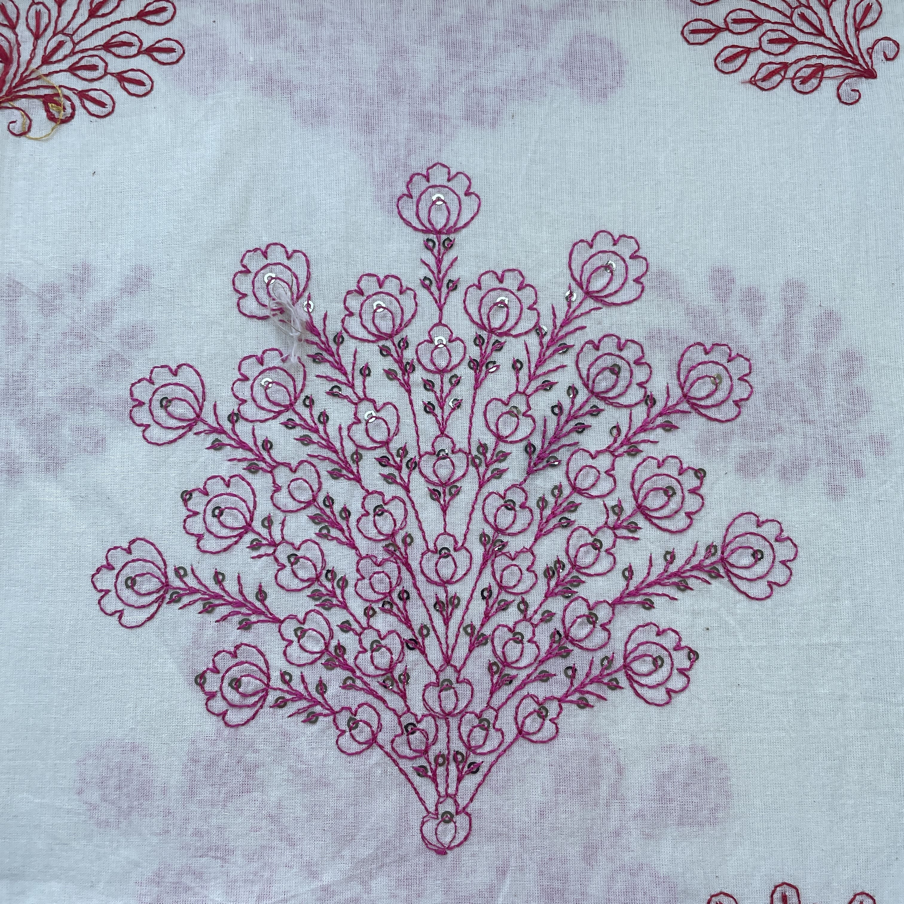 Off White & Pink Floral Sequence Embroidery With Border Fabric 11059 - Image 2