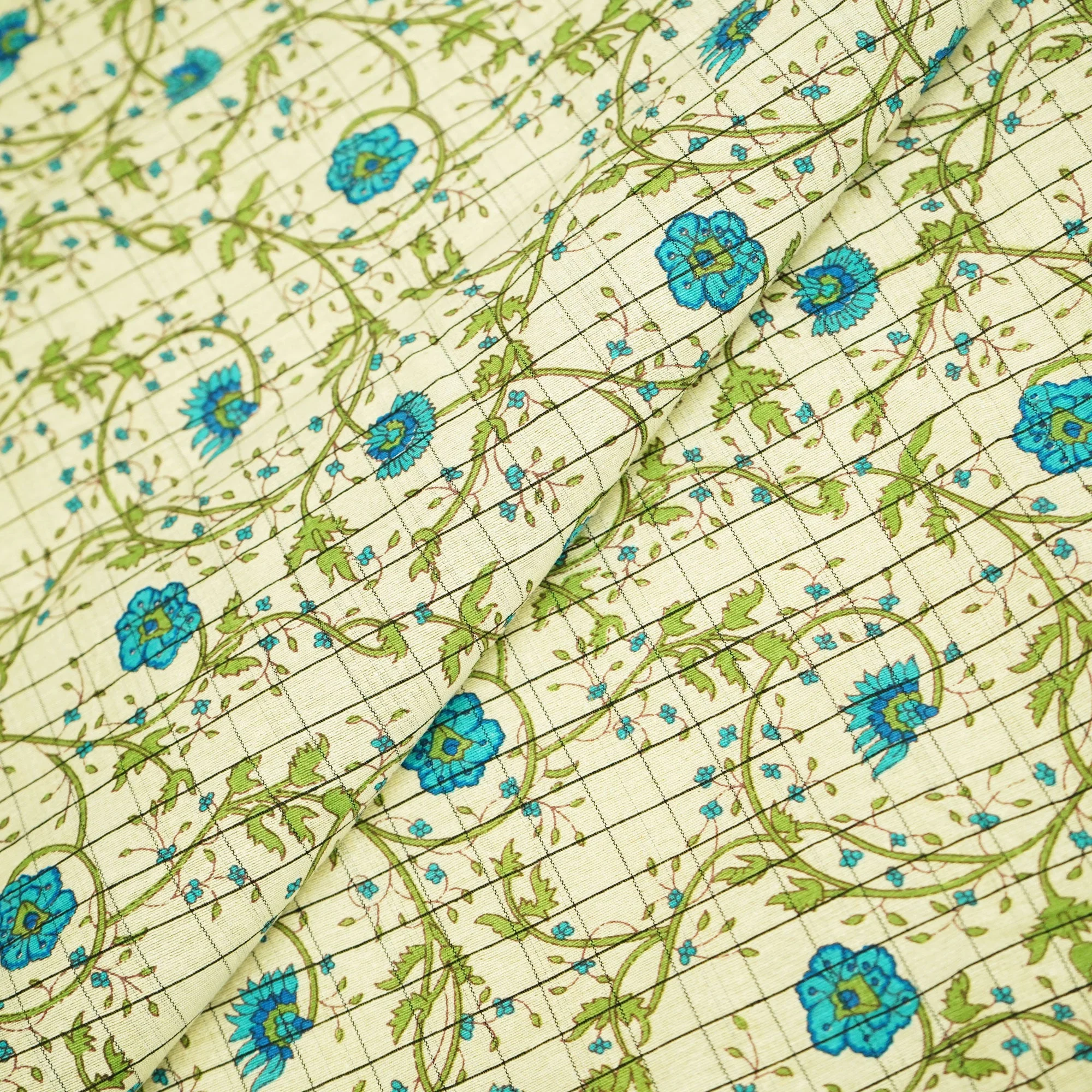 Off White & Sky Blue floral Print Cotton Jacquard Fabric SCF-23854 - Image 2