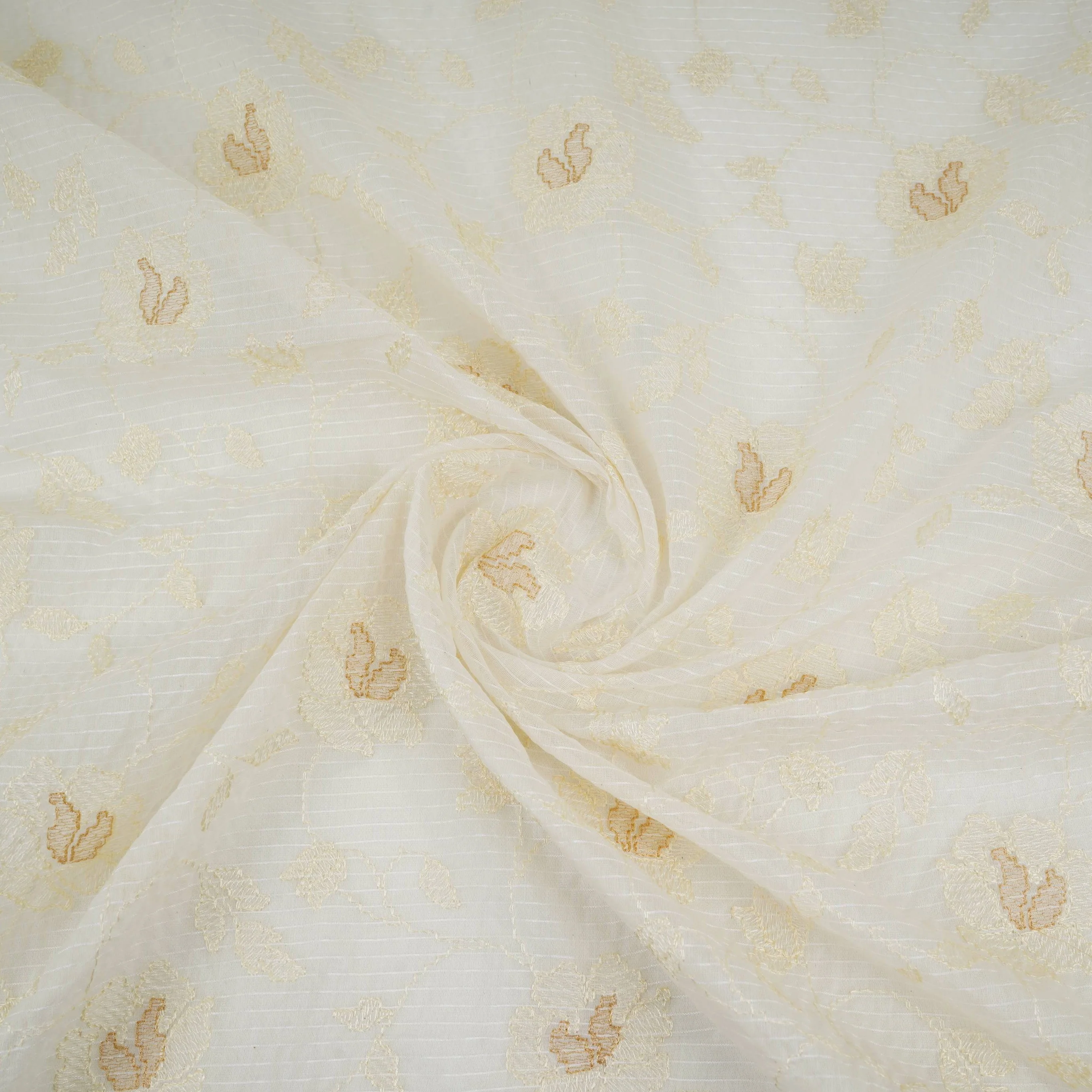 Off White Stripes with floral thread embroidery Mul Chanderi Fabric ACF-32084 - Image 4