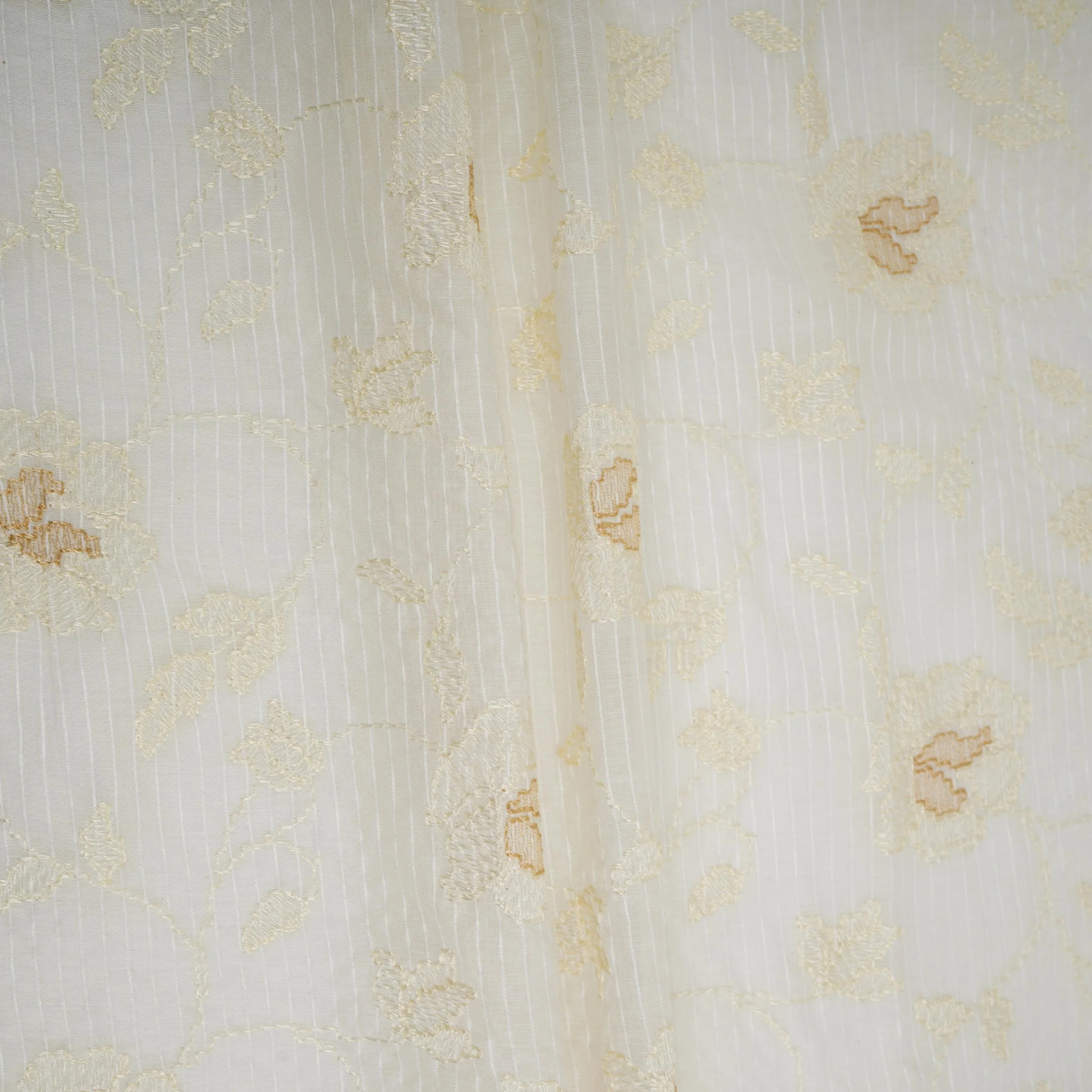 Off White Stripes with floral thread embroidery Mul Chanderi Fabric ACF-32084 - Image 5