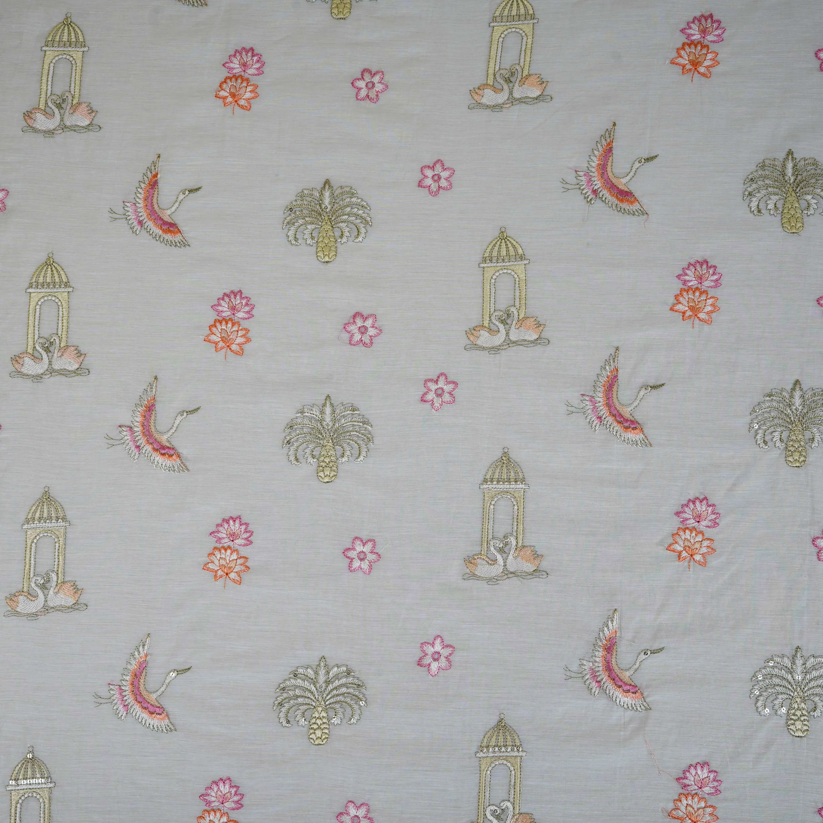 Off White Temple Embroidery Chanderi Fabric DC-30560 - Image 3