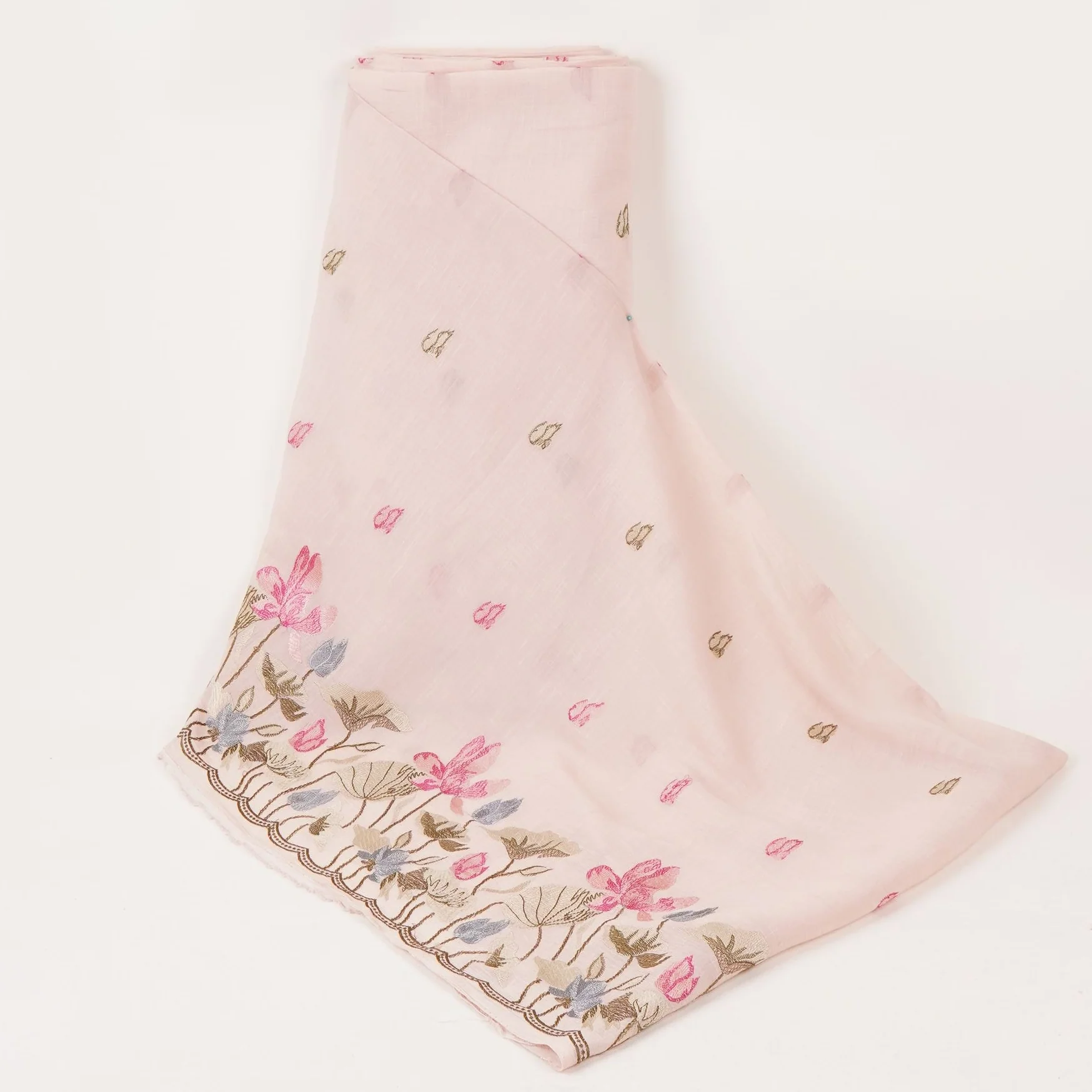 Off White thread Border embroidery Chinon Cotton Slub Fabric VFS-31527