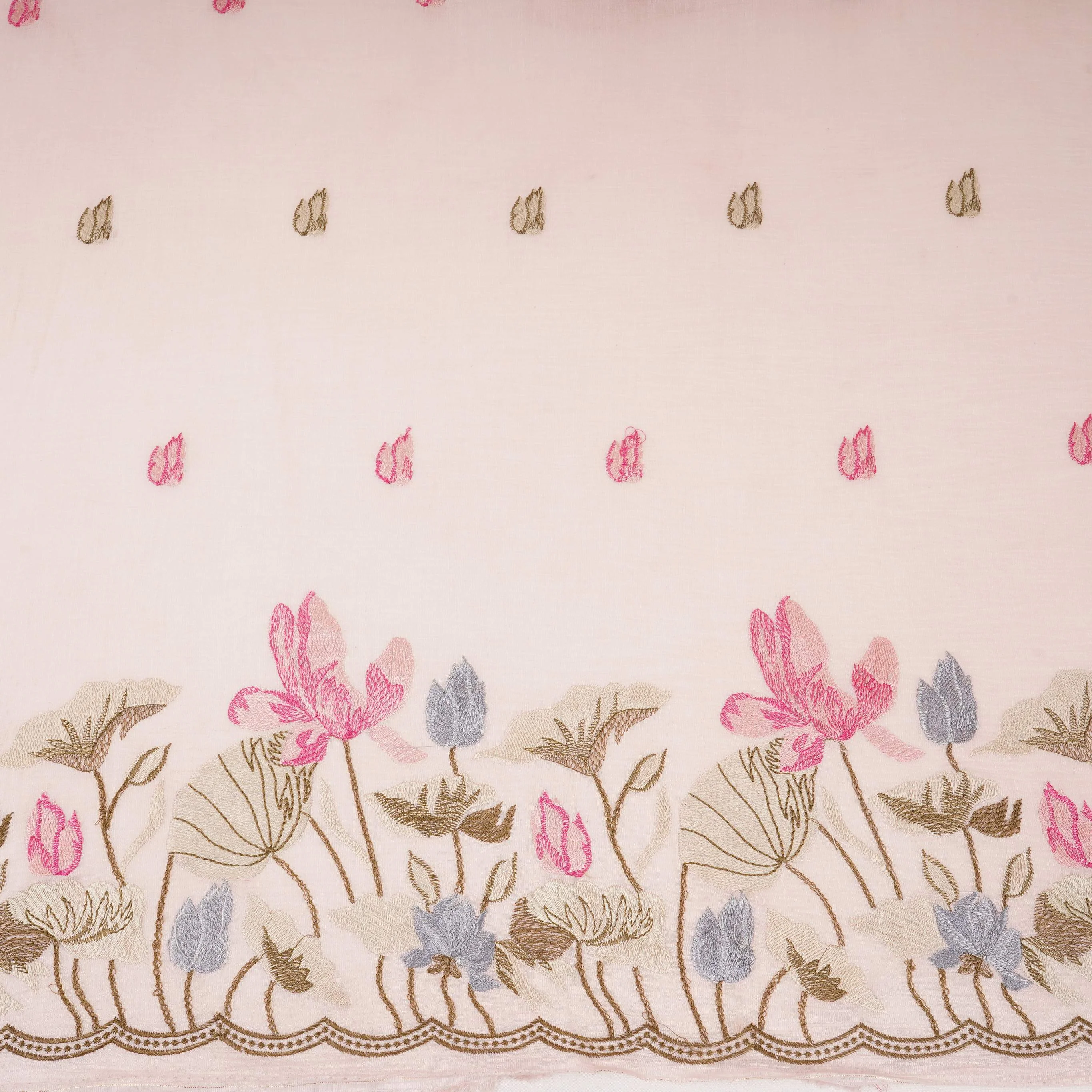 Off White thread Border embroidery Chinon Cotton Slub Fabric VFS-31527 - Image 2