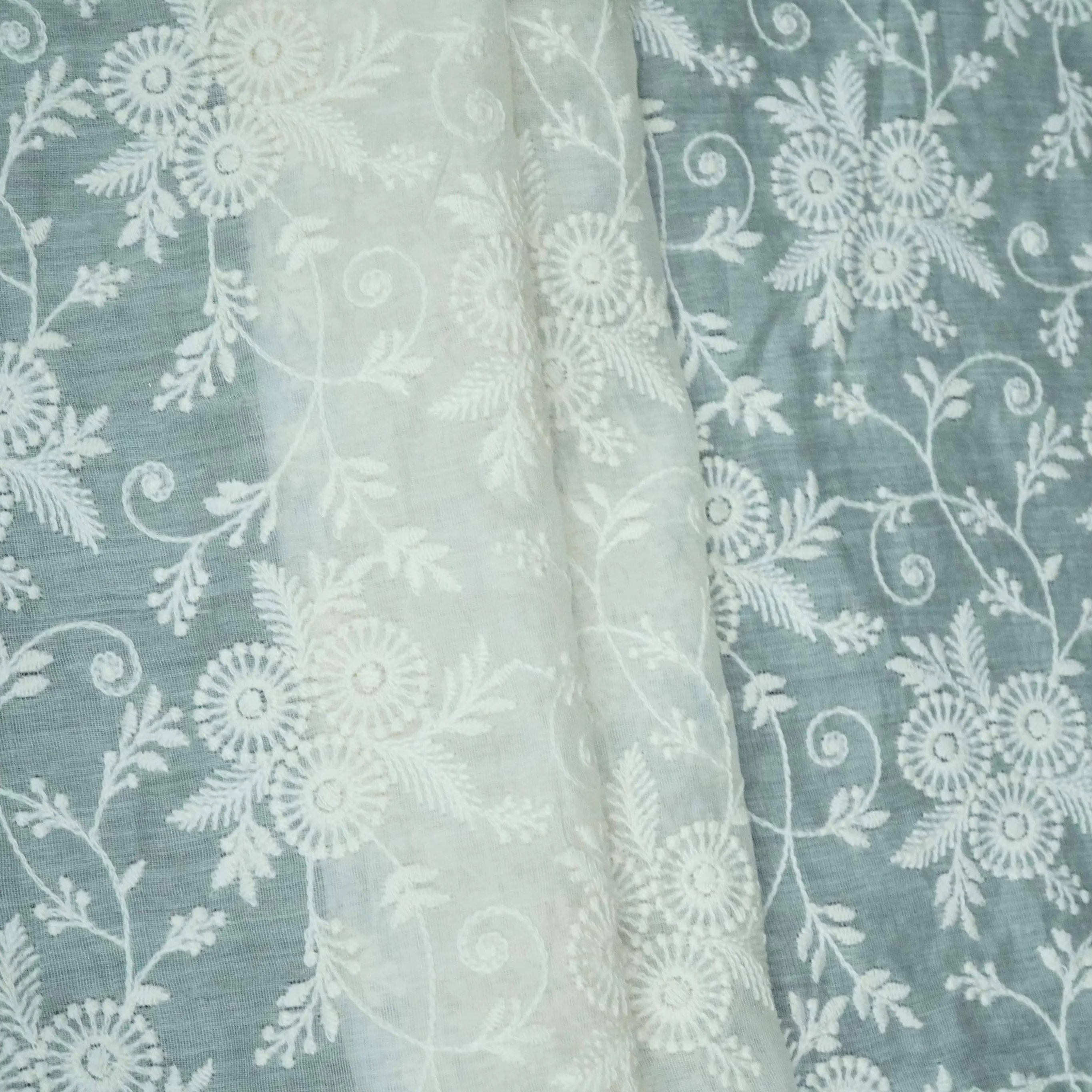 Off White thread embroidery Pure Cotton Chanderi Fabric VI-31000 - Image 5