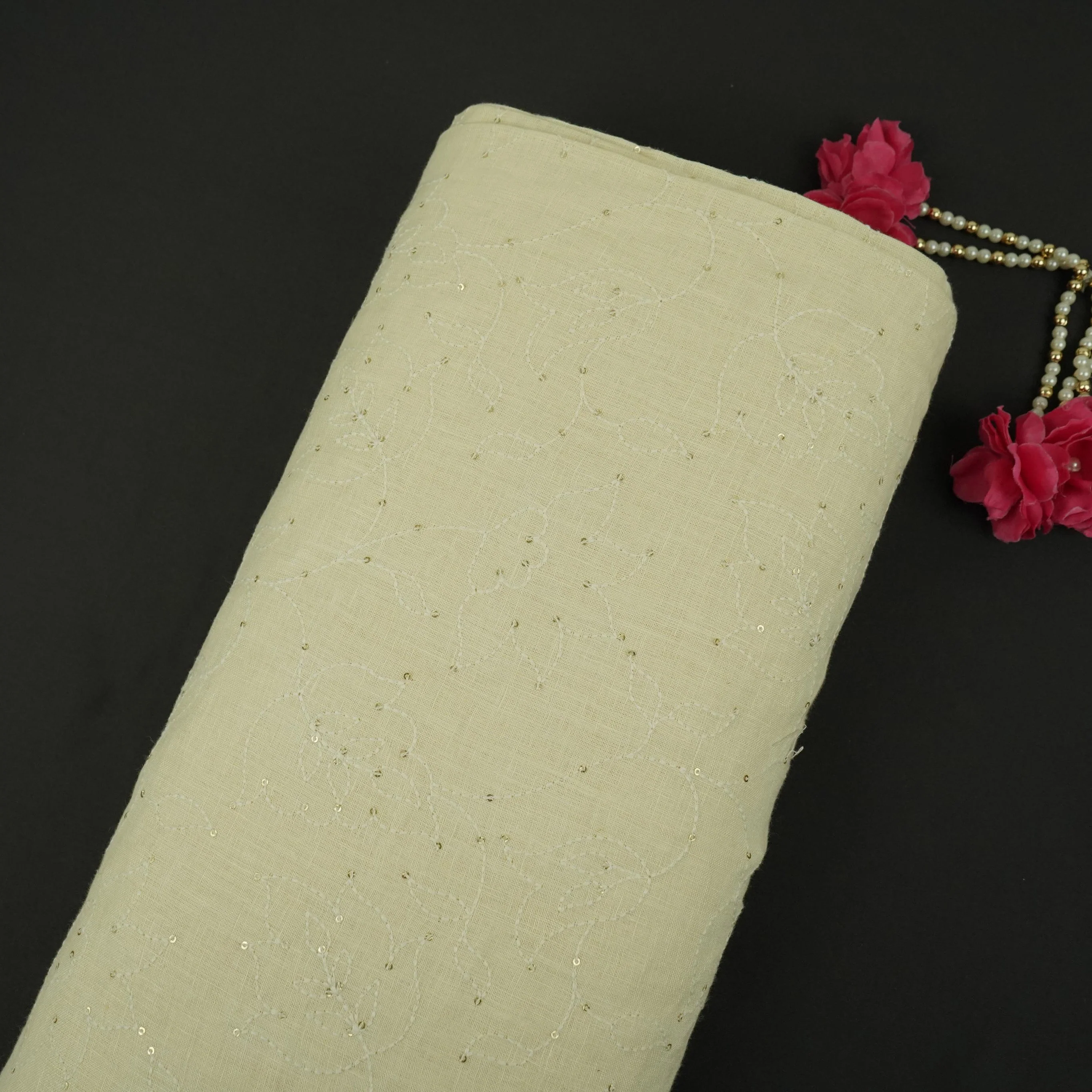 Off White thread embroidery Pure Linen Fabric SN-31242
