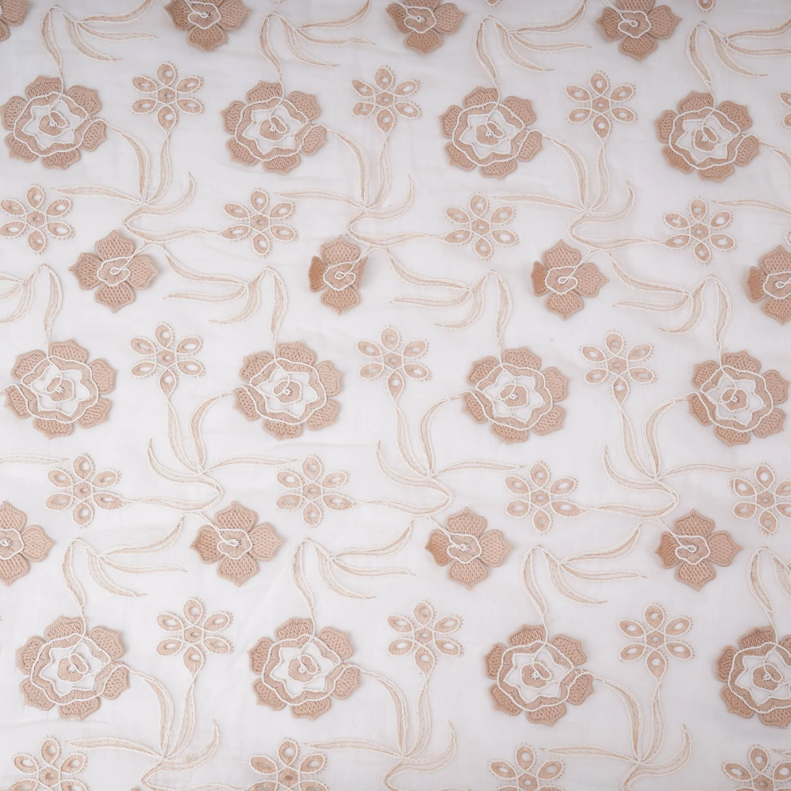 Off White With Beige 3D Floral Embroidery Tencel Schiffli Fabric LI-32333 - Image 2