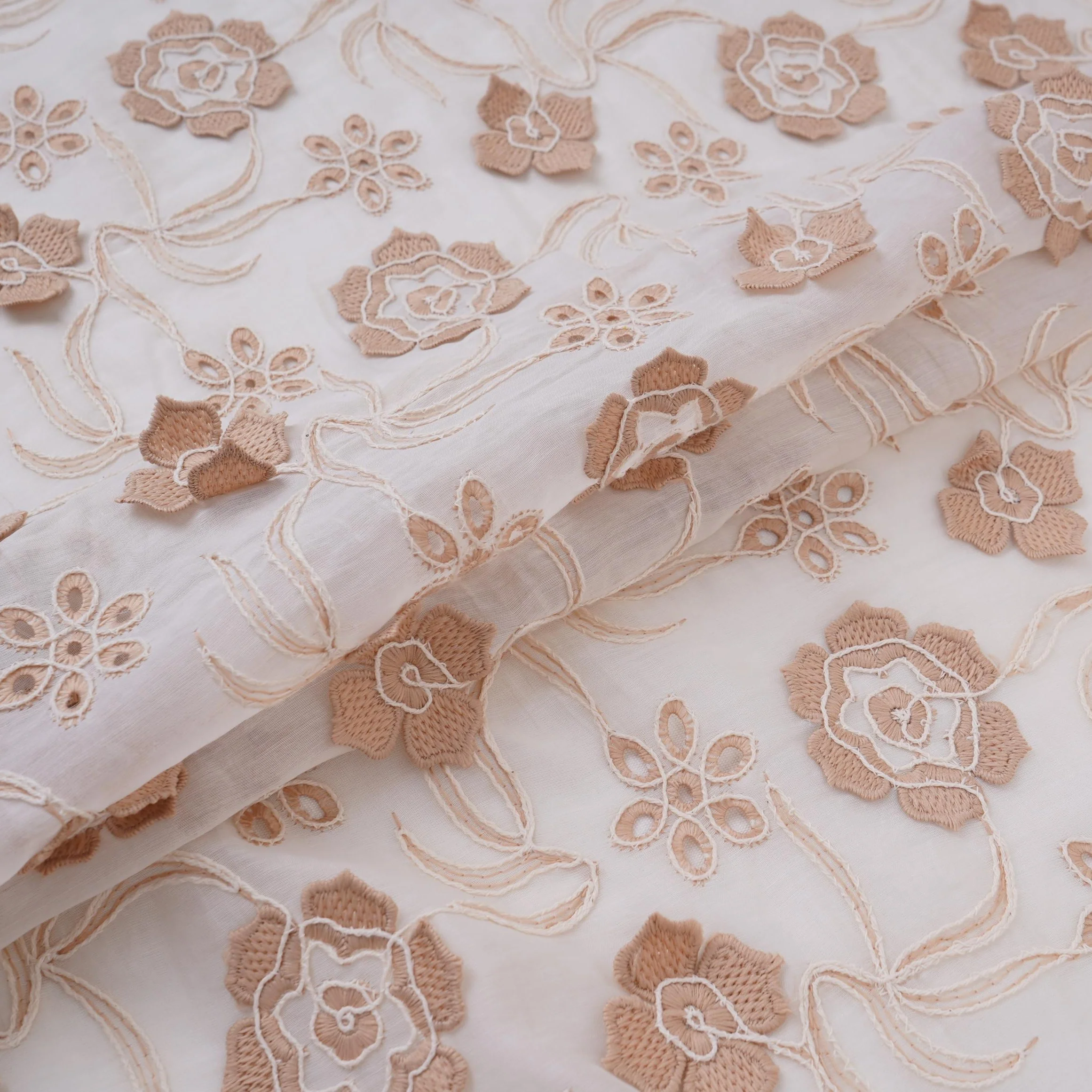 Off White With Beige 3D Floral Embroidery Tencel Schiffli Fabric LI-32333 - Image 5