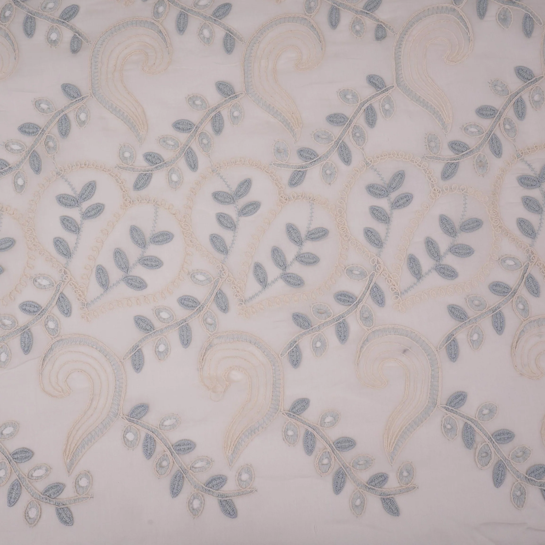 Off White With Blue 3D Leaf Embroidery Tencel Schiffli Fabric LI-32338 - Image 2