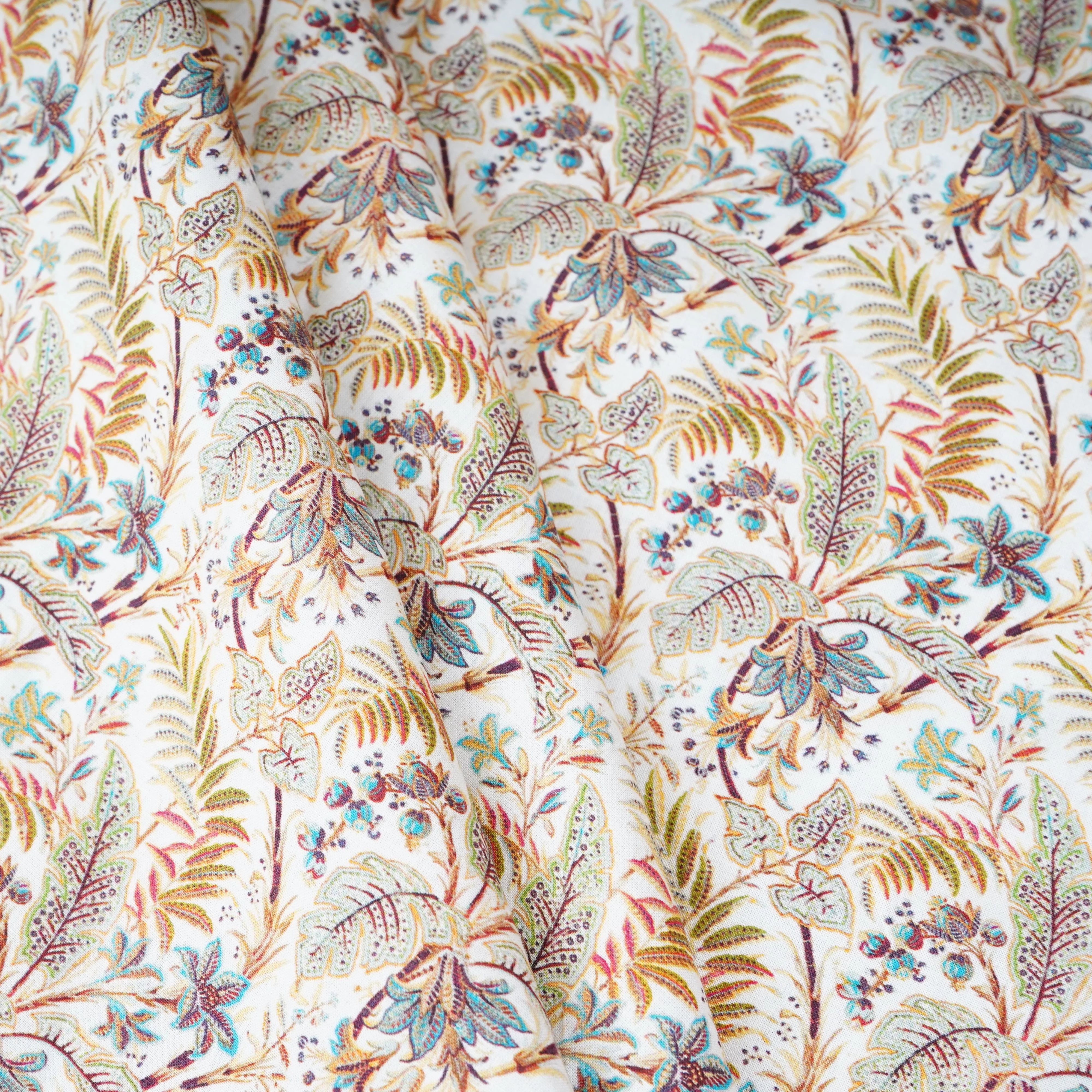 Off White with Green Floral Print Cotton Mulmul Fabric PG-30469 - Image 4