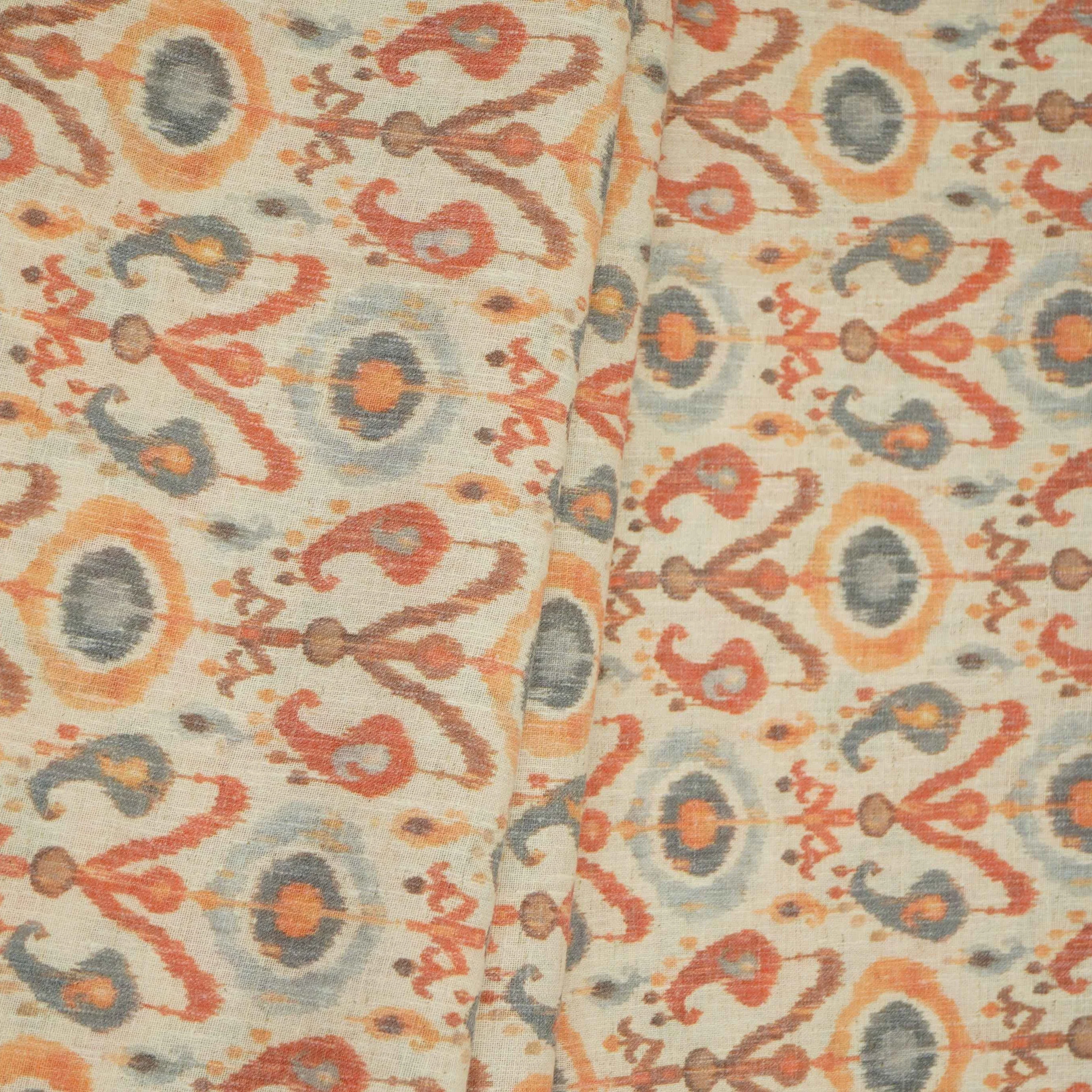 Off White with Orange ikat print Linen Fabric DE-32129 - Image 5