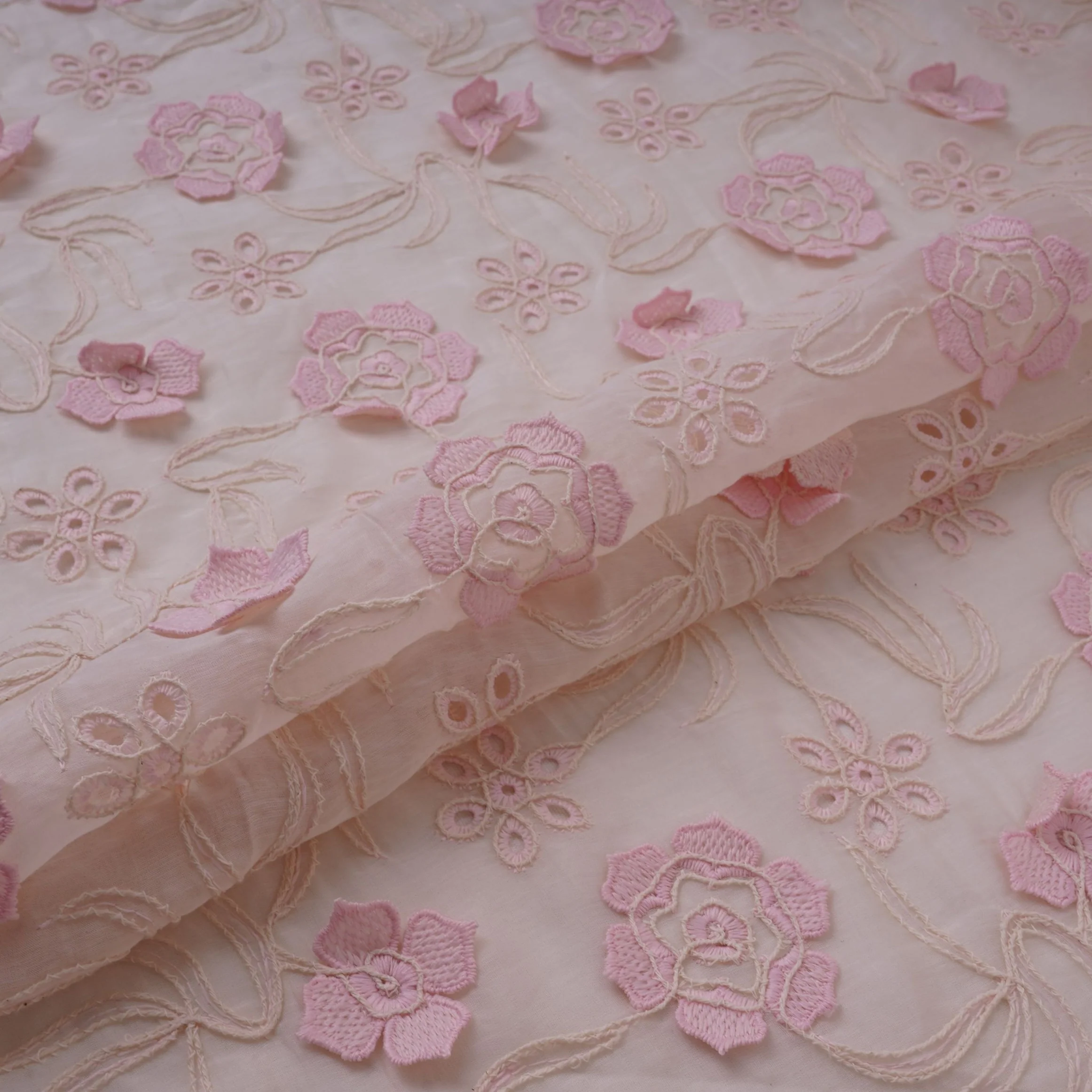 Off White With Pink 3D Floral Embroidery Tencel Schiffli Fabric LI-32334 - Image 5