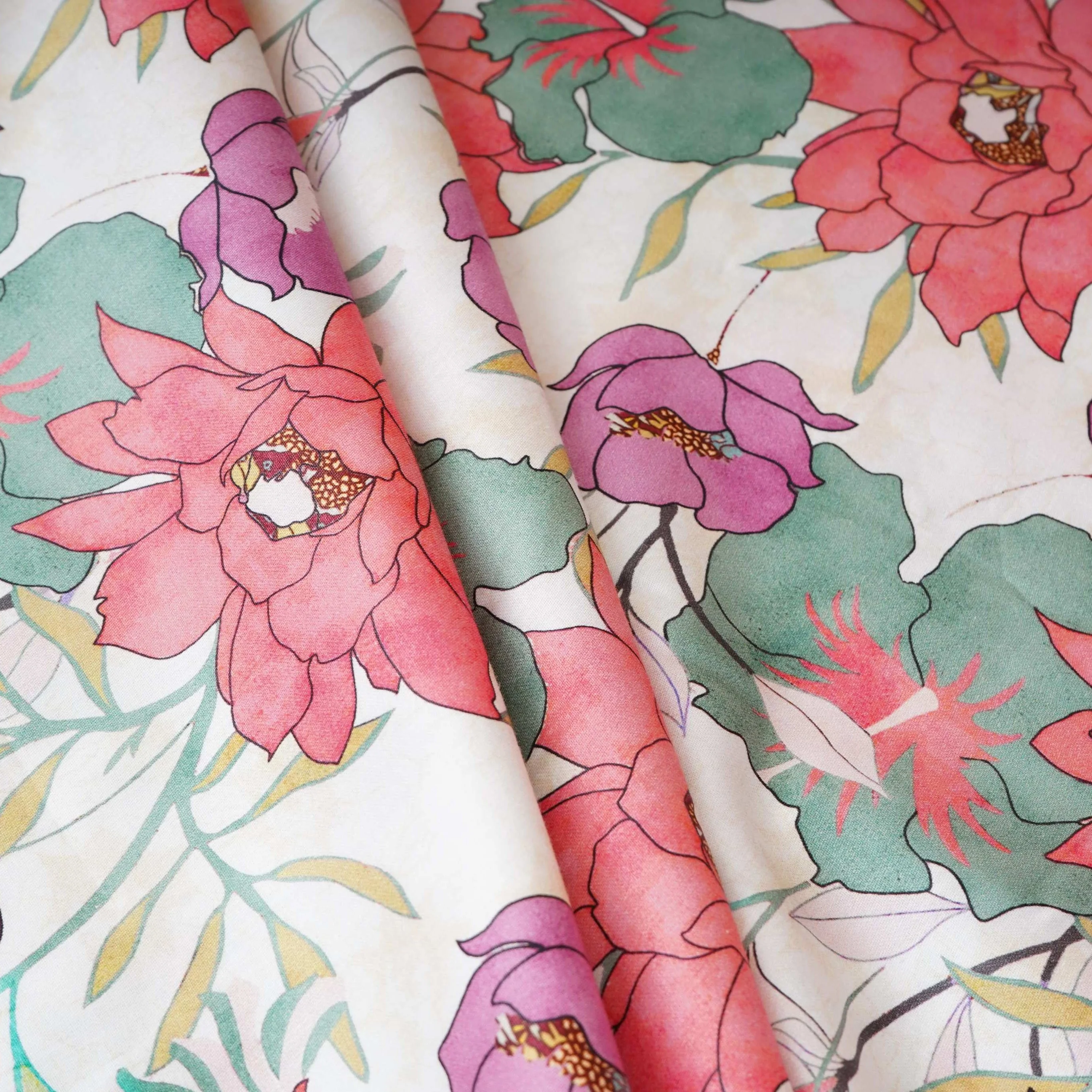 Off White with Pink Floral Print Cotton Satin Fabric PG-30441 - Image 4