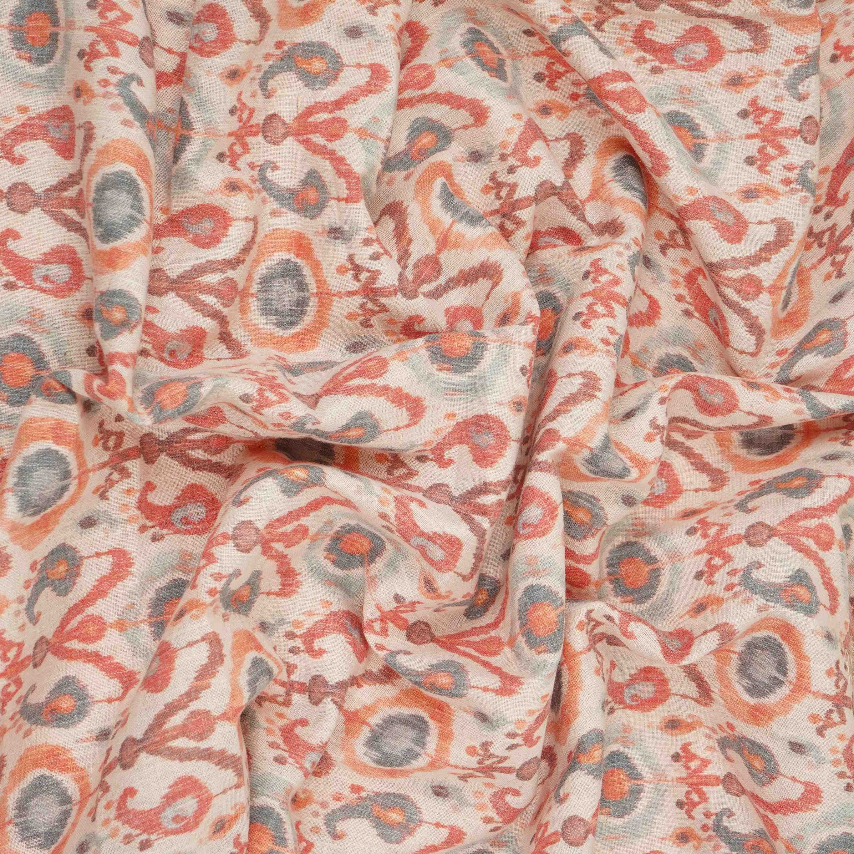 Off White with Red ikat print Linen Fabric DE-32128 - Image 3