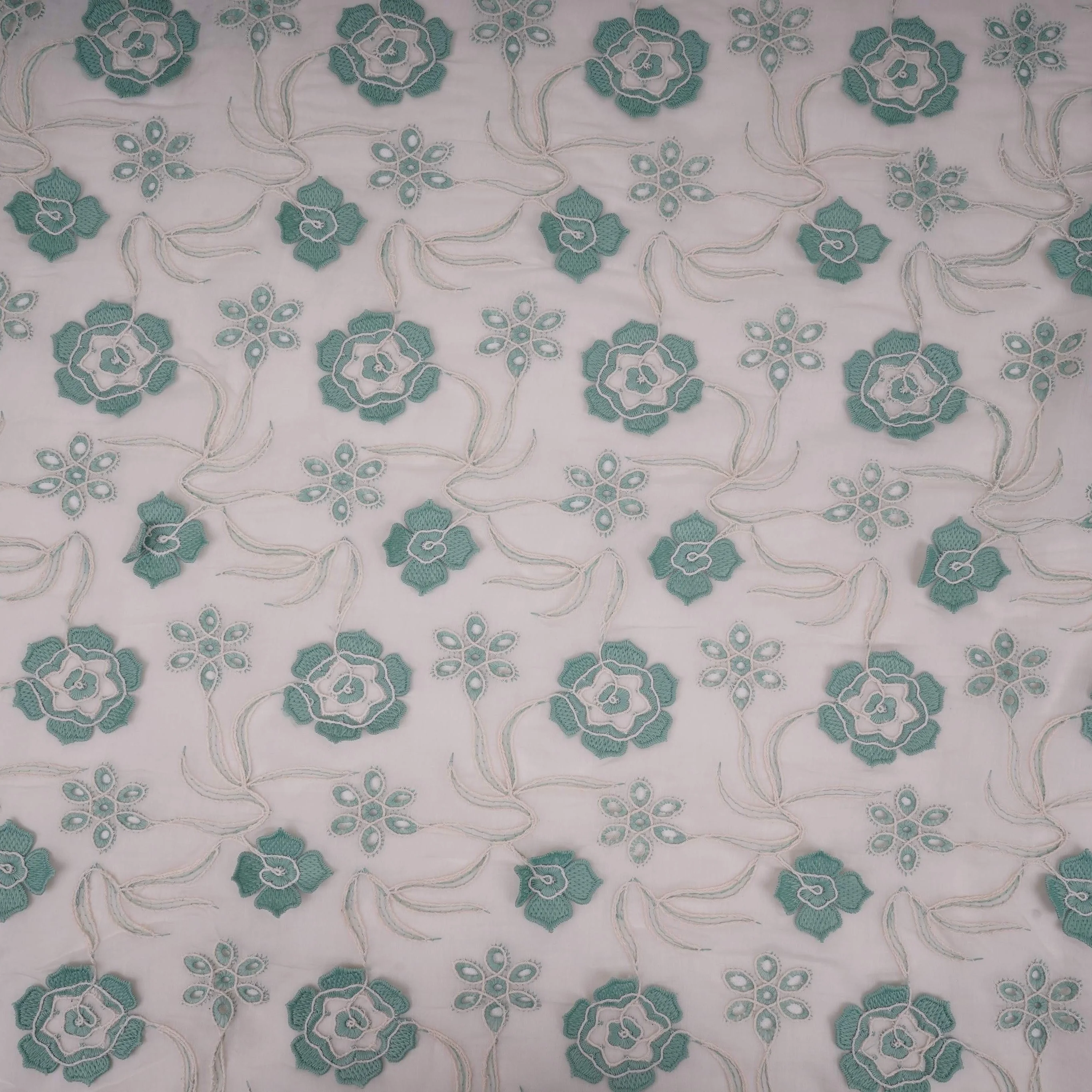 Off White With Sage Green 3D Floral Embroidery Tencel Schiffli Fabric LI-32332 - Image 2