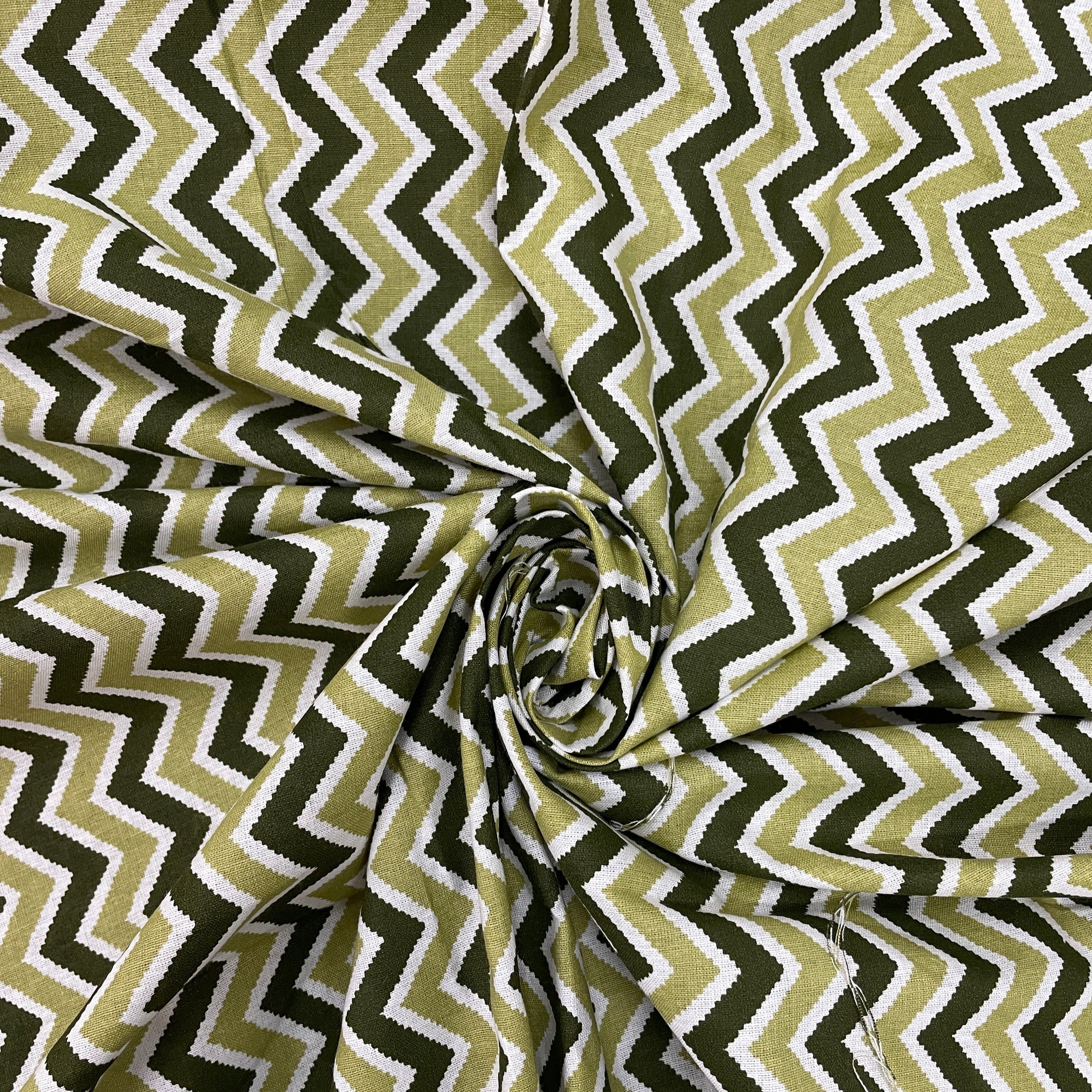 Olive Green Chevron Print Poplin Cotton Fabric