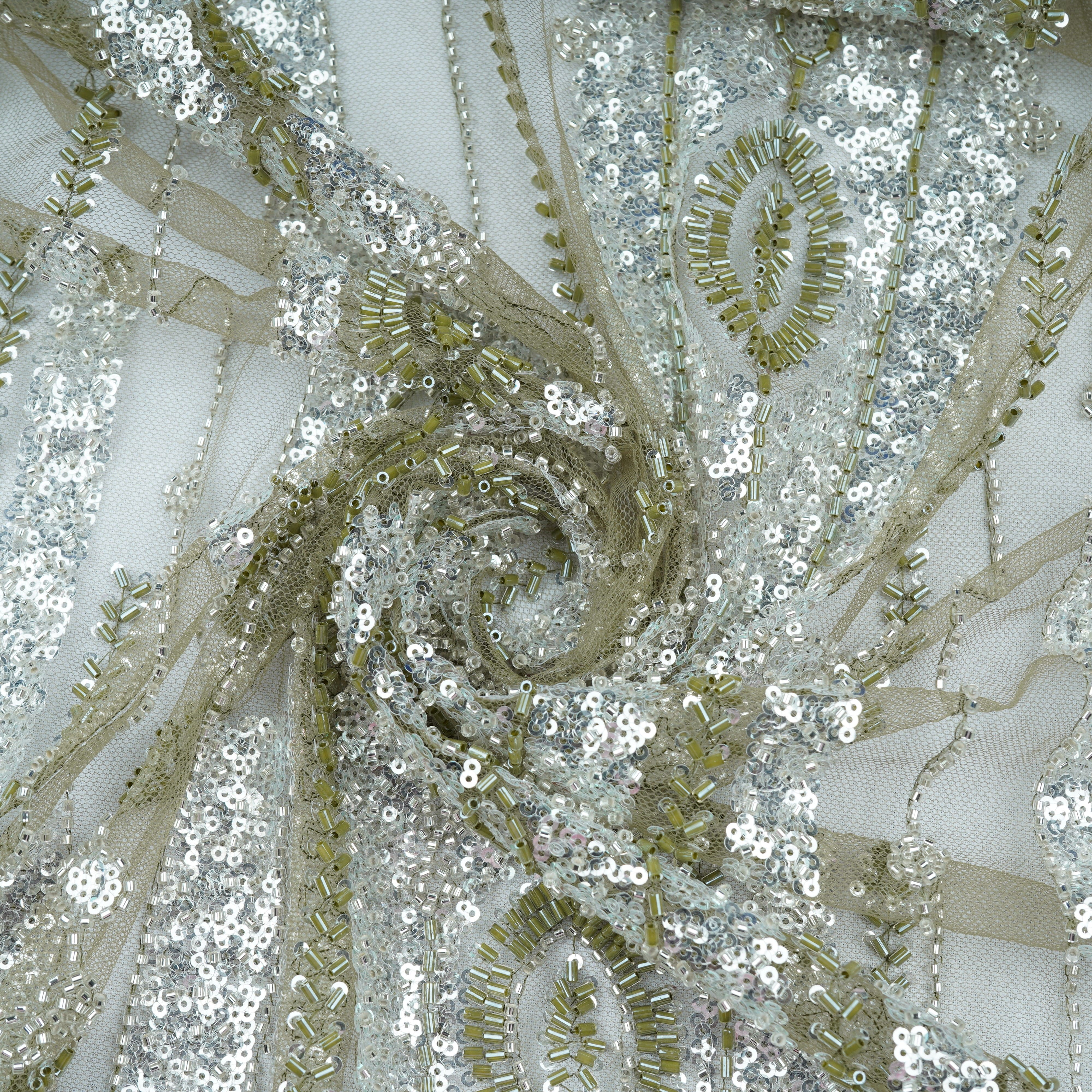 Olive Green Cutdana Sequins Embroidery Net Fabric 21236
