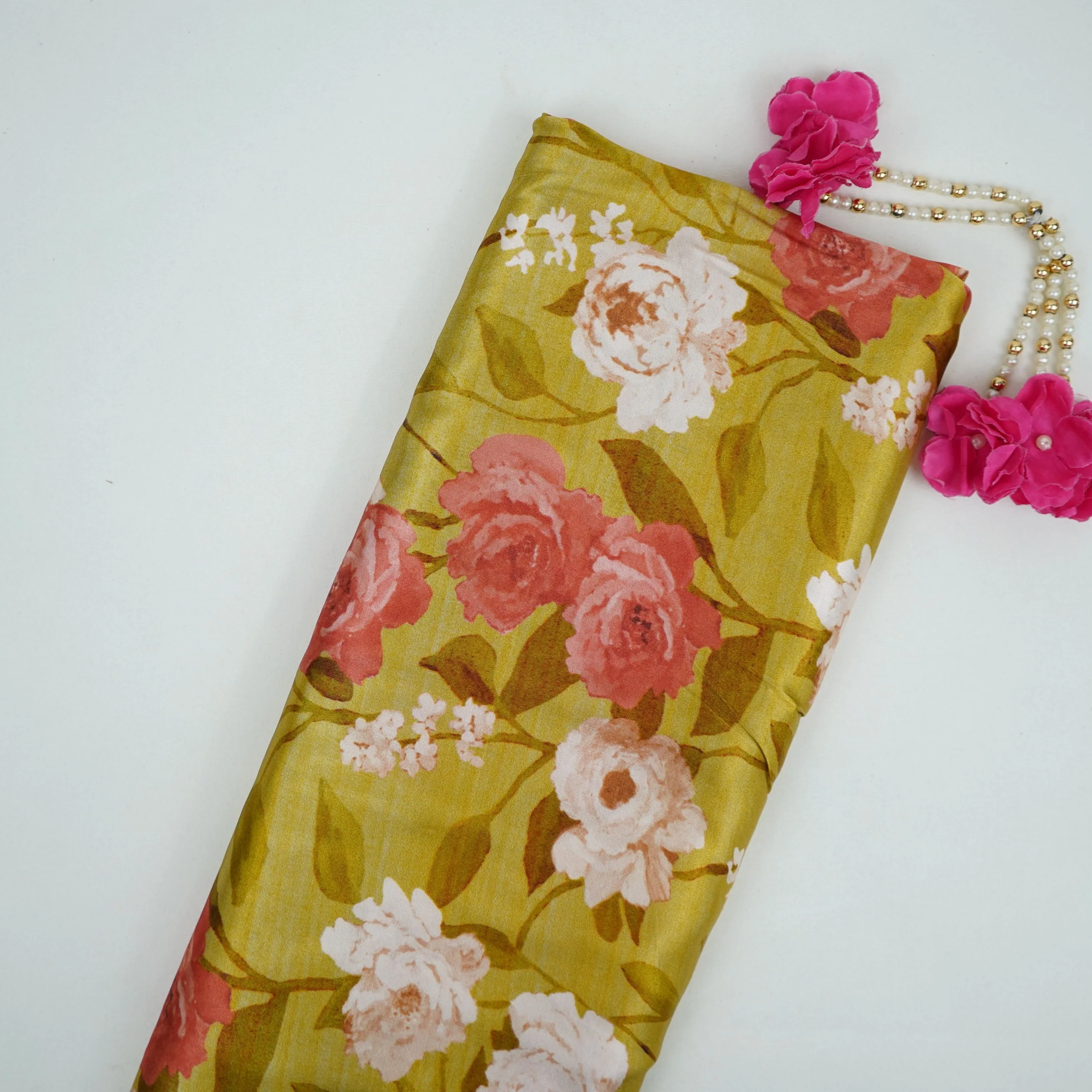 Olive Green floral print Bemberg Modal Silk Fabric KTP-31409