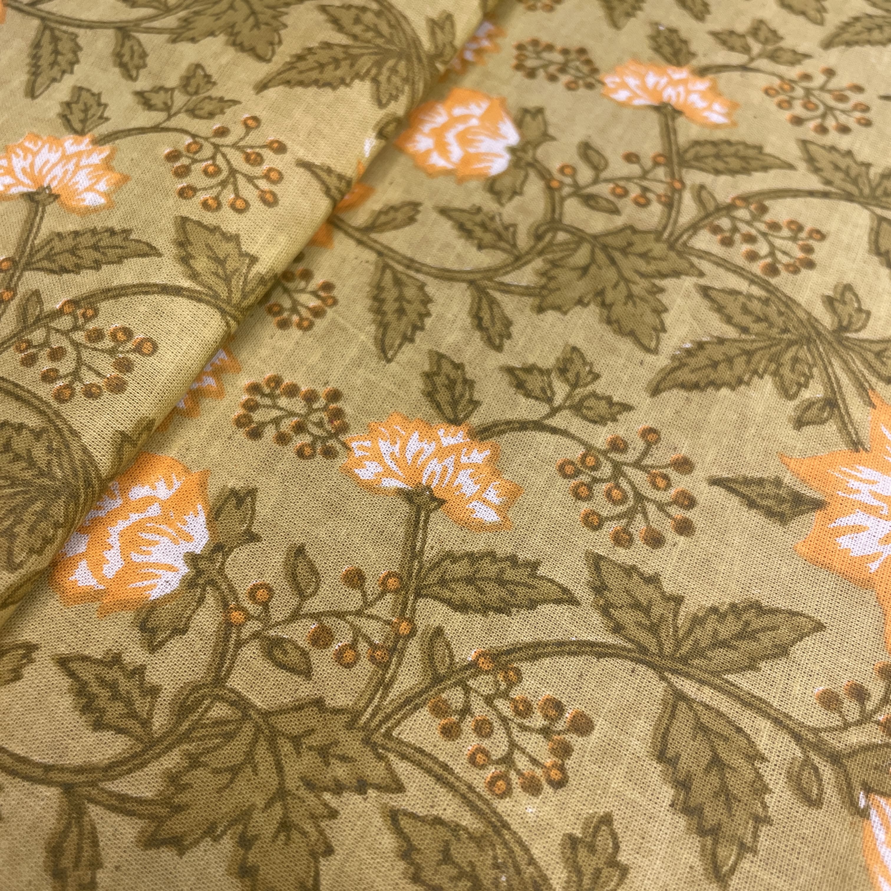 Olive Green Floral Print Cotton Fabric - Image 4