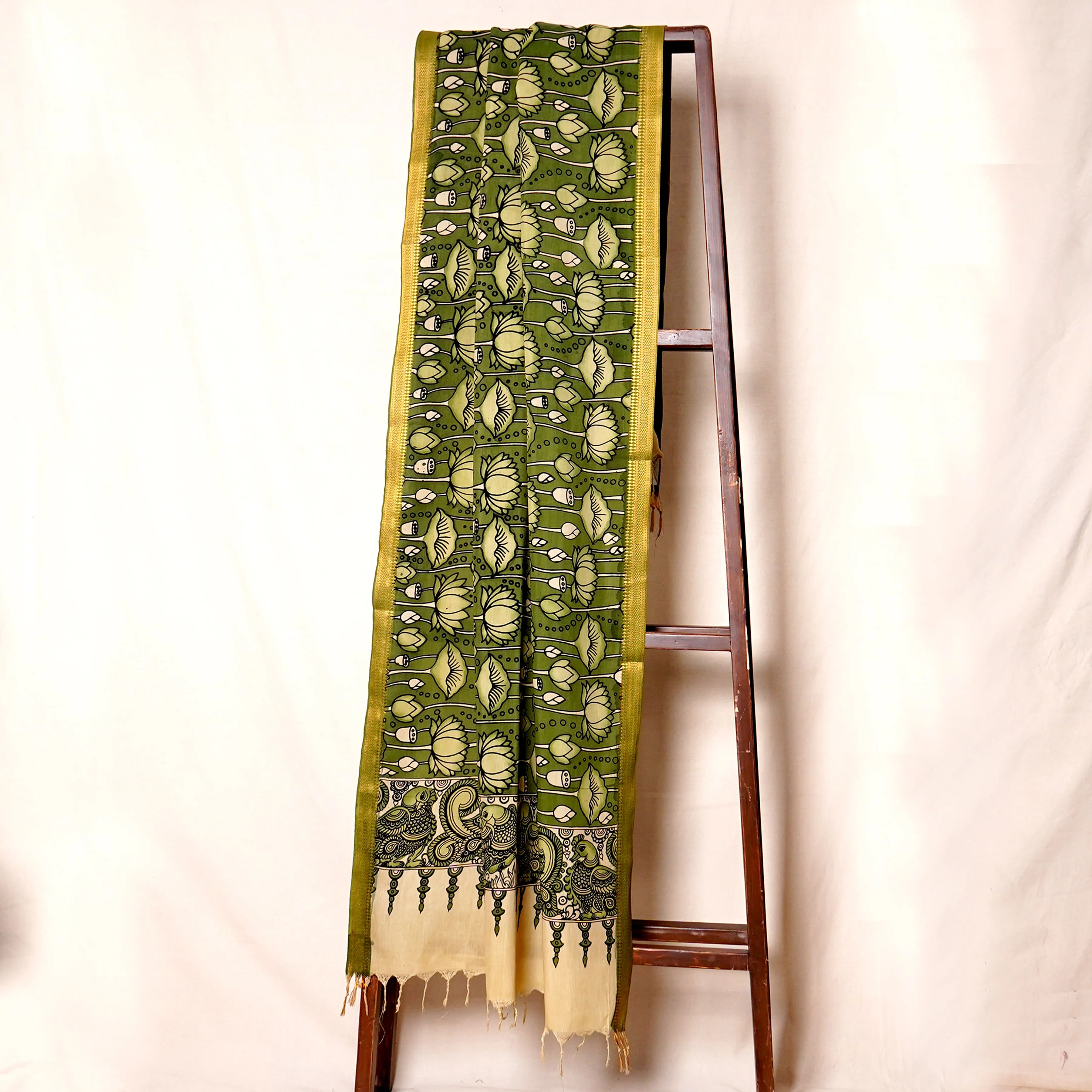 Olive Green Pen Kalamkari Cotton Silk Dupatta - Image 2