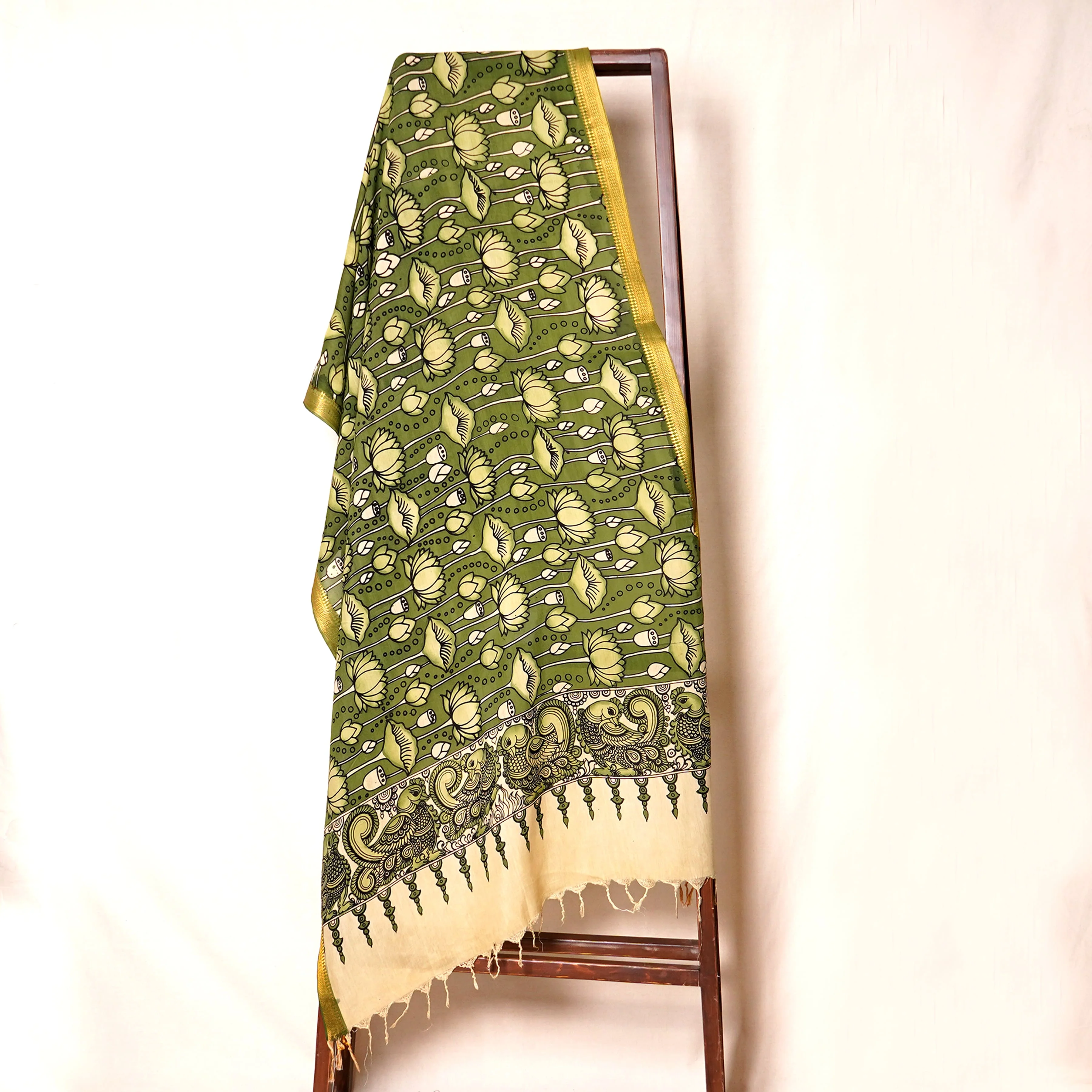 Olive Green Pen Kalamkari Cotton Silk Dupatta - Image 3