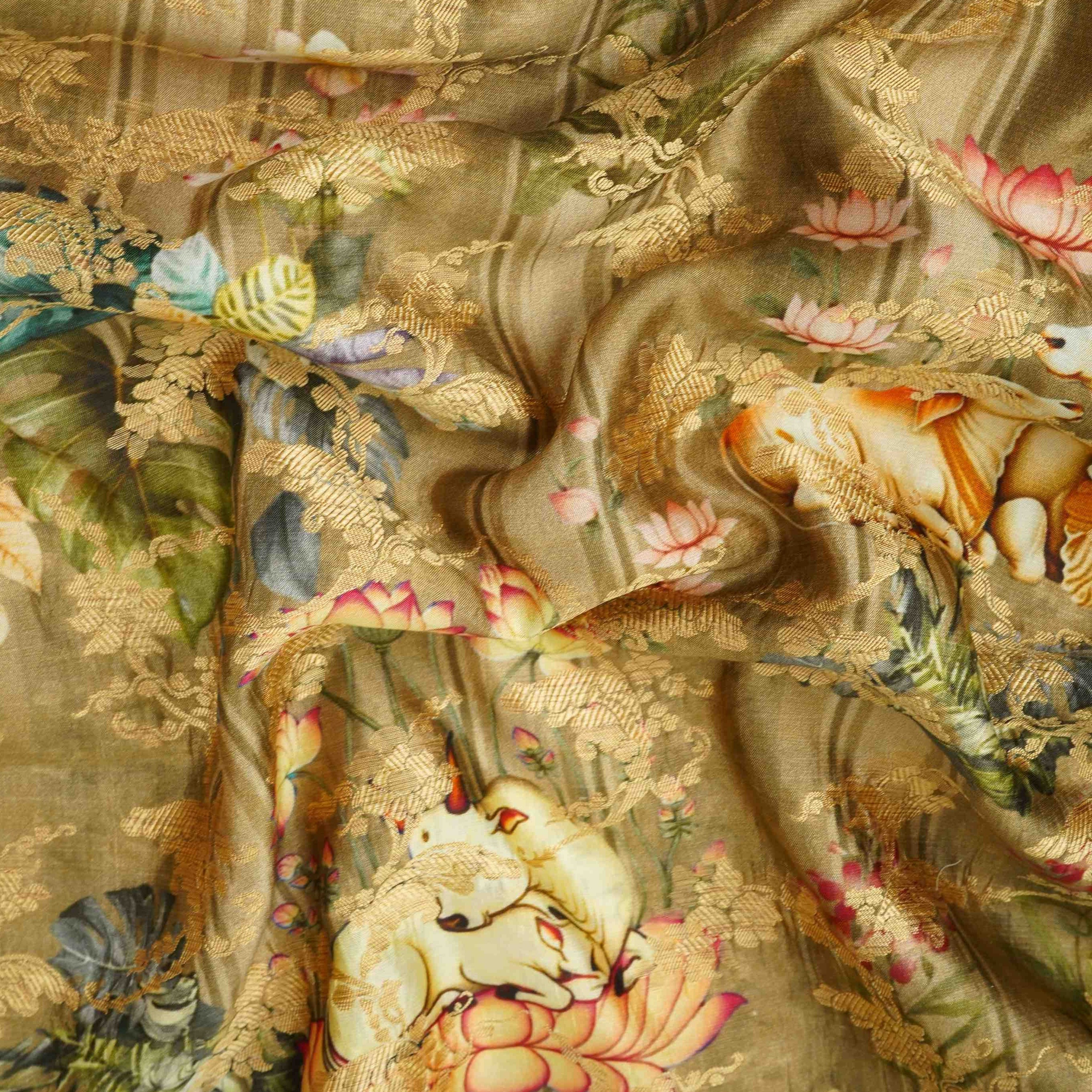 Olive Green Pichwai Jacquard stripes Raw Mango Silk Fabric CW-31582 - Image 2