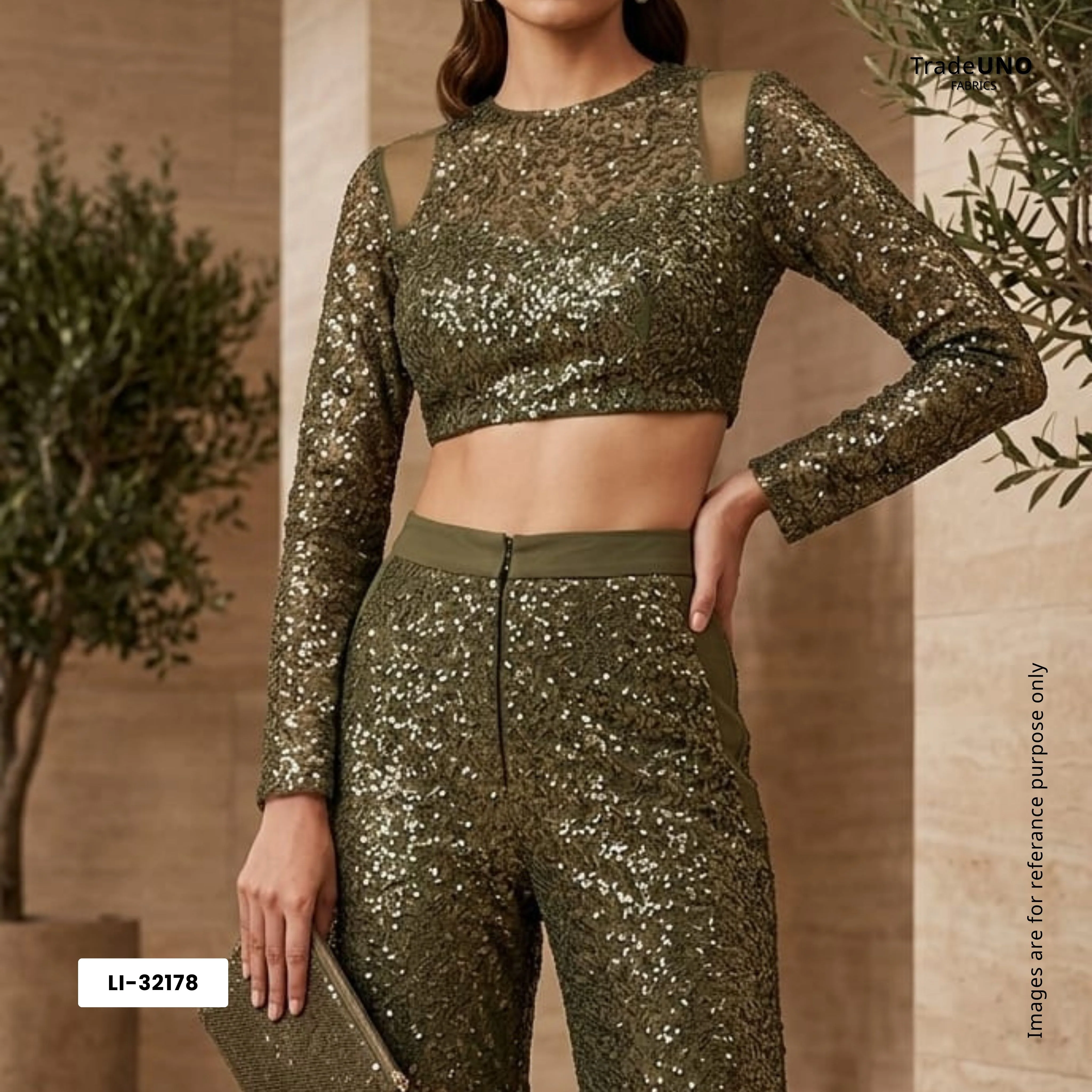 Olive Green Sequins Embroidery Net Fabric LI-32178 - Image 5