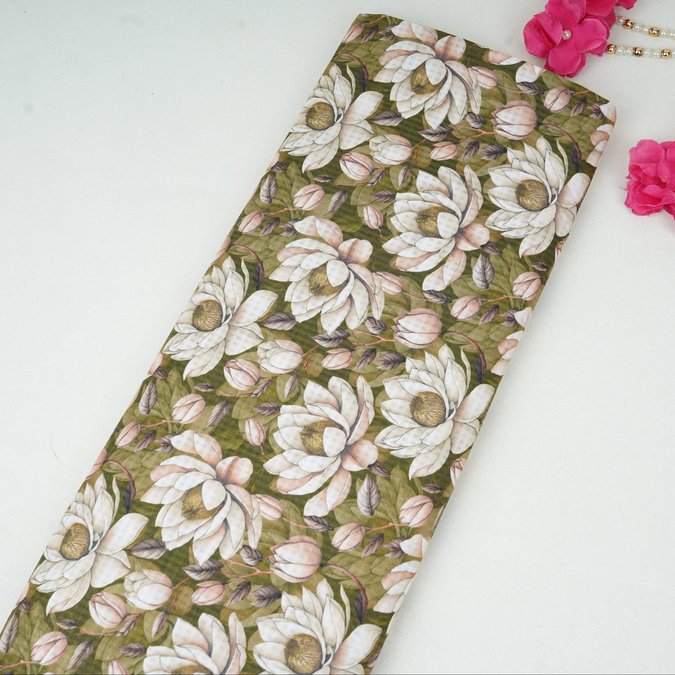 Olive Green with Cream floral print Cotton Checks Fabric PI-31847