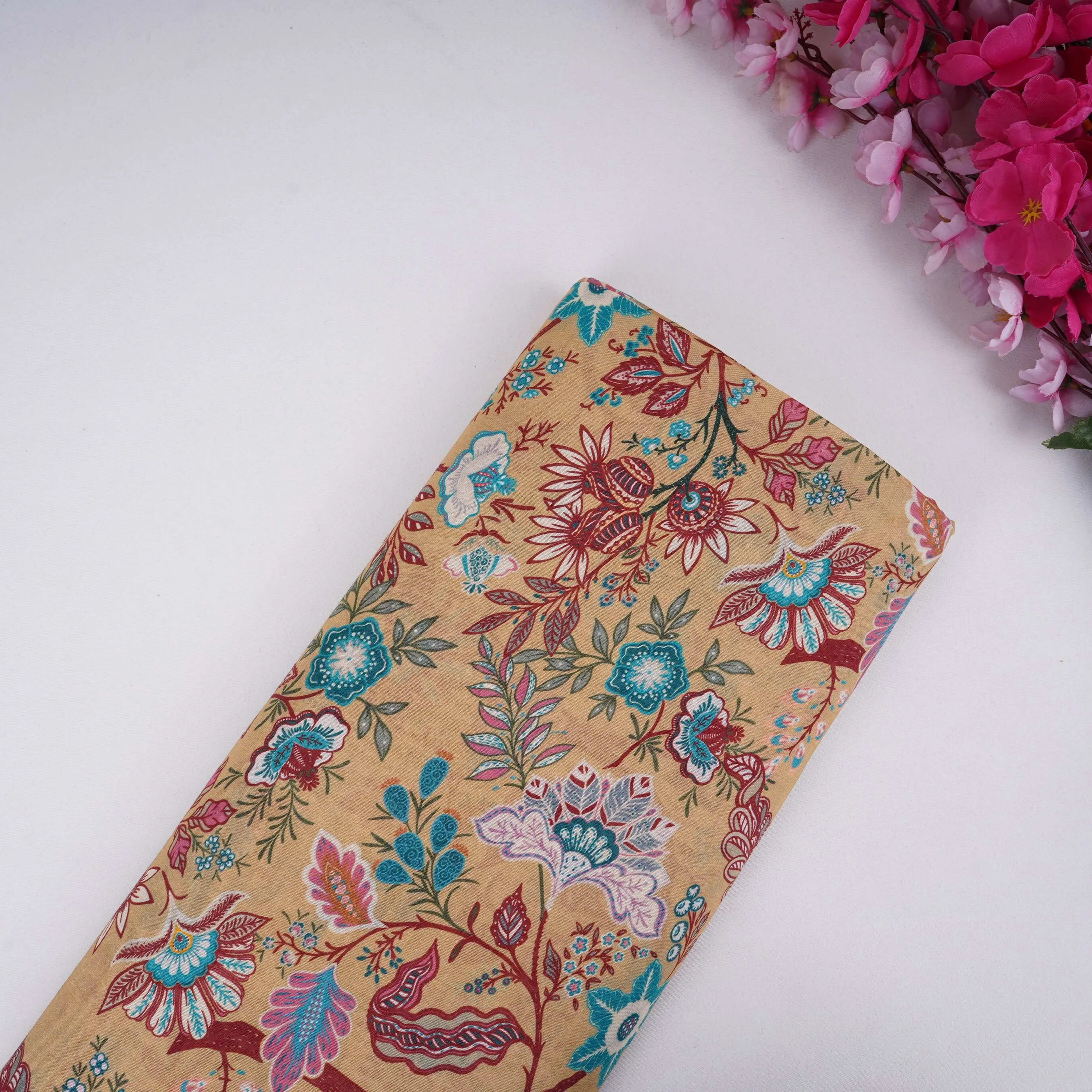 Olive Green with Multicolor Kalamkari print Pure Linen Fabric GTS-31330