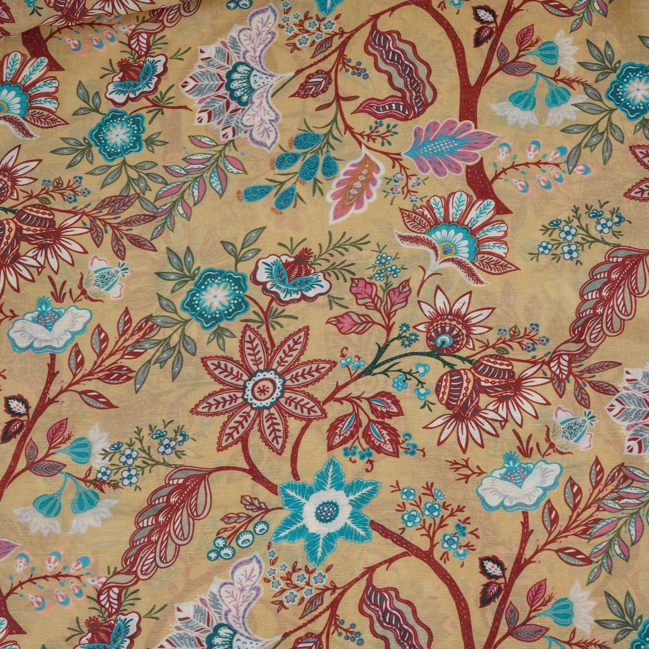 Olive Green with Multicolor Kalamkari print Pure Linen Fabric GTS-31330 - Image 2
