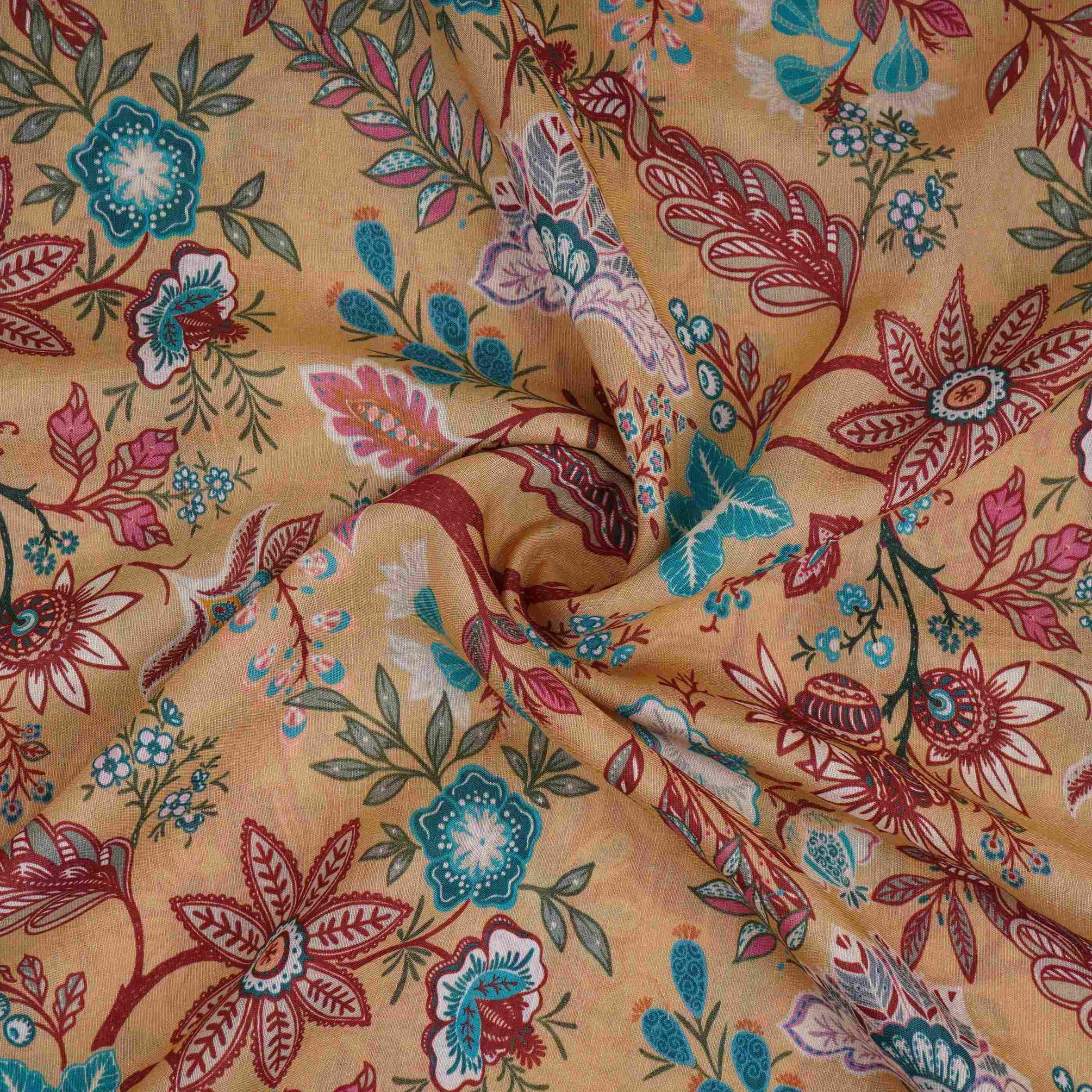 Olive Green with Multicolor Kalamkari print Pure Linen Fabric GTS-31330 - Image 3