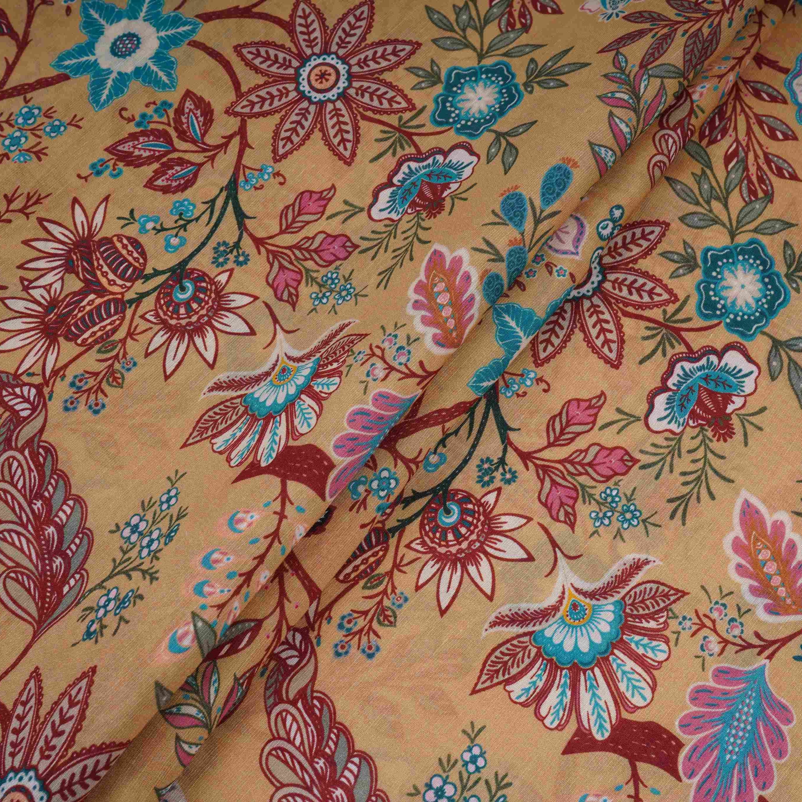 Olive Green with Multicolor Kalamkari print Pure Linen Fabric GTS-31330 - Image 4