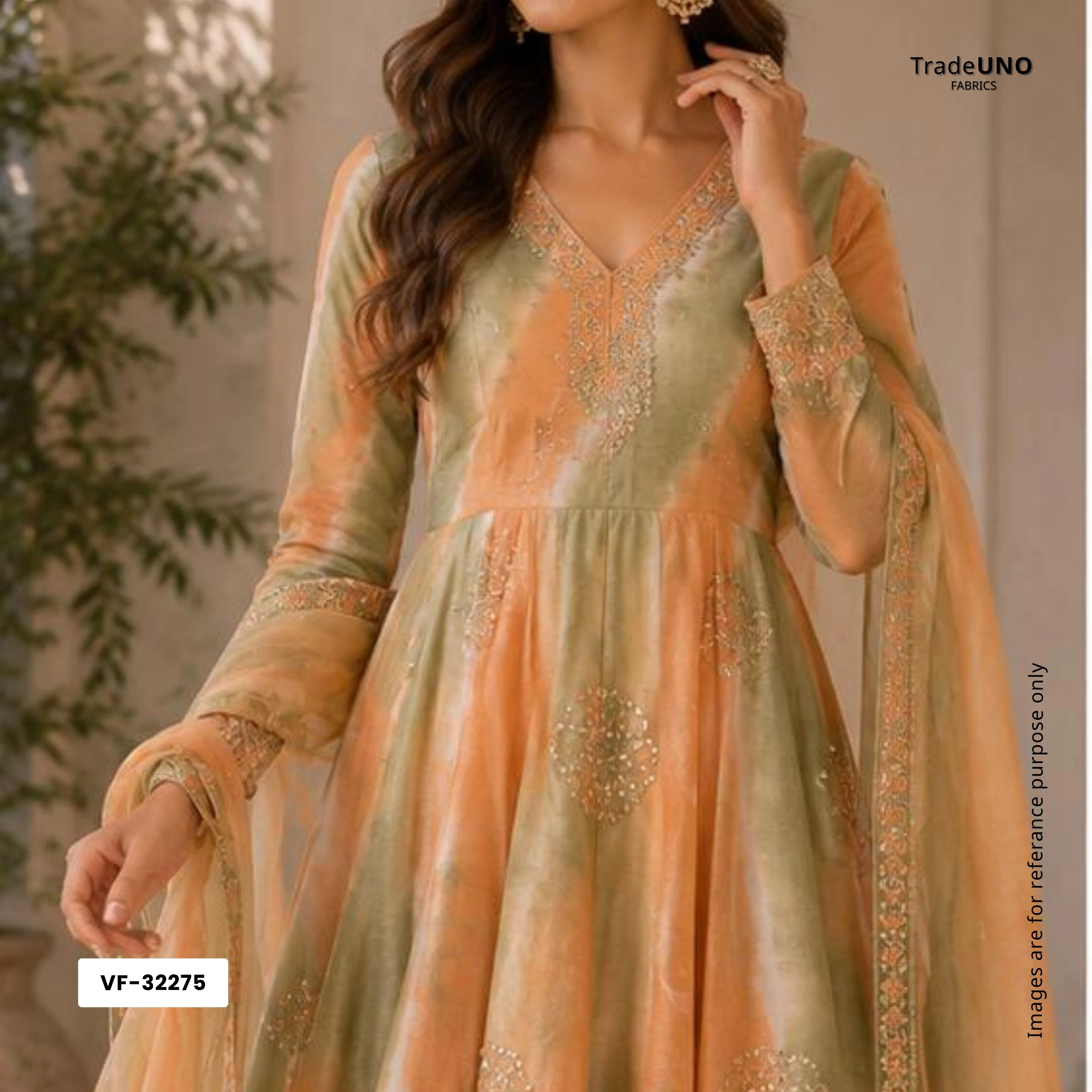 Olive Green with Peach Sequins embroidery Shibori Malai Chanderi Fabric VF-32275 - Image 6