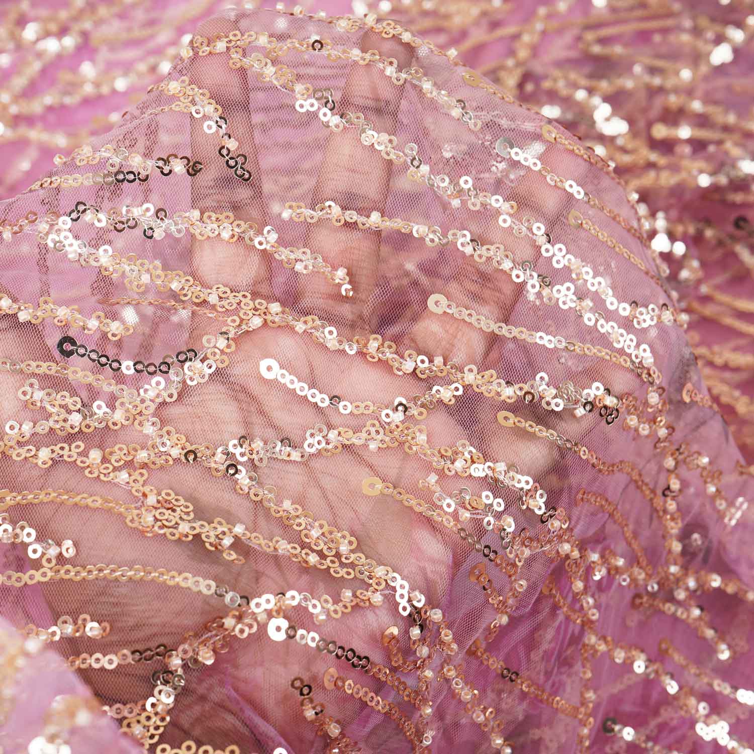 Onion Pink With Golden Floral Sequins Embroidery Net Imported Fabric - Image 3