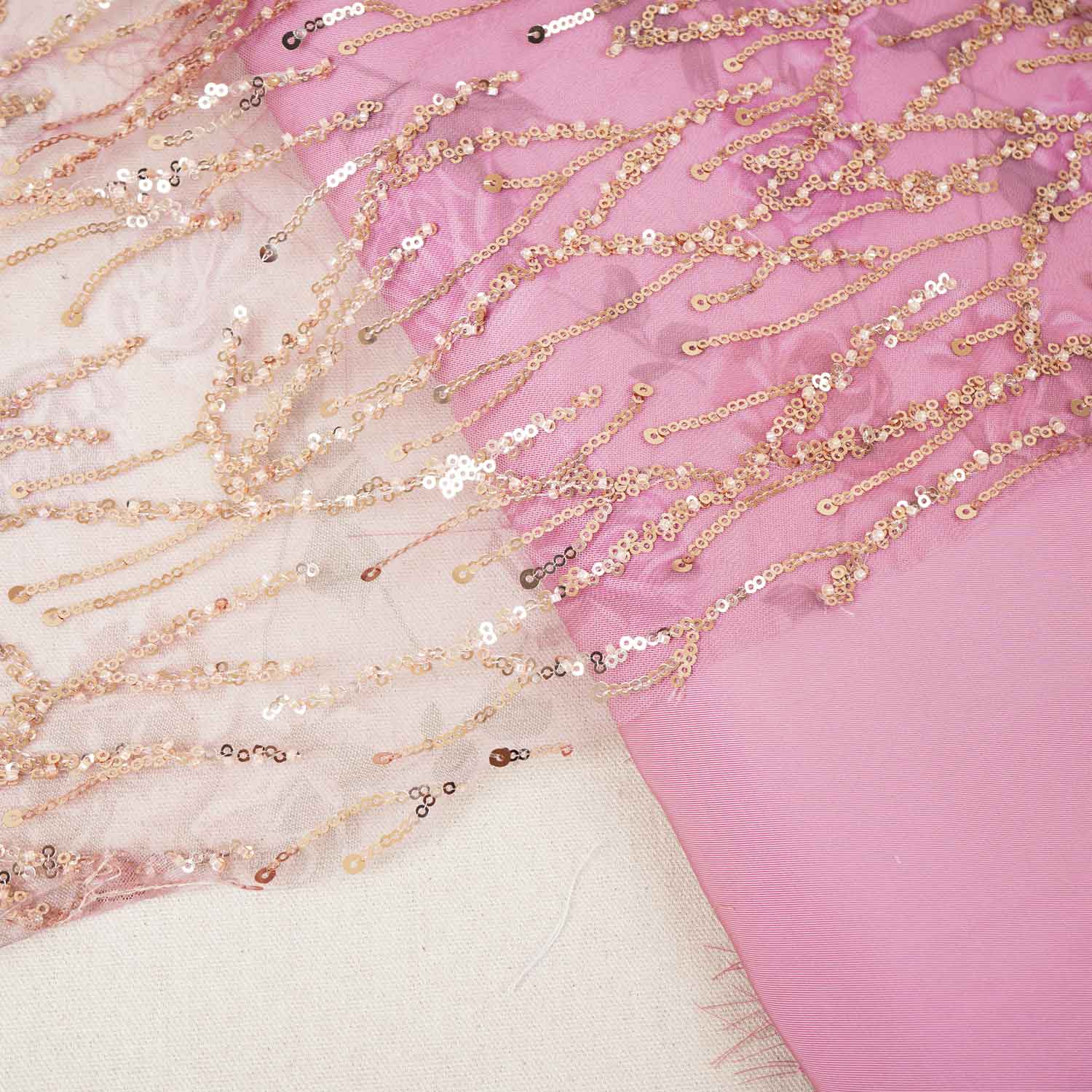 Onion Pink With Golden Floral Sequins Embroidery Net Imported Fabric - Image 4