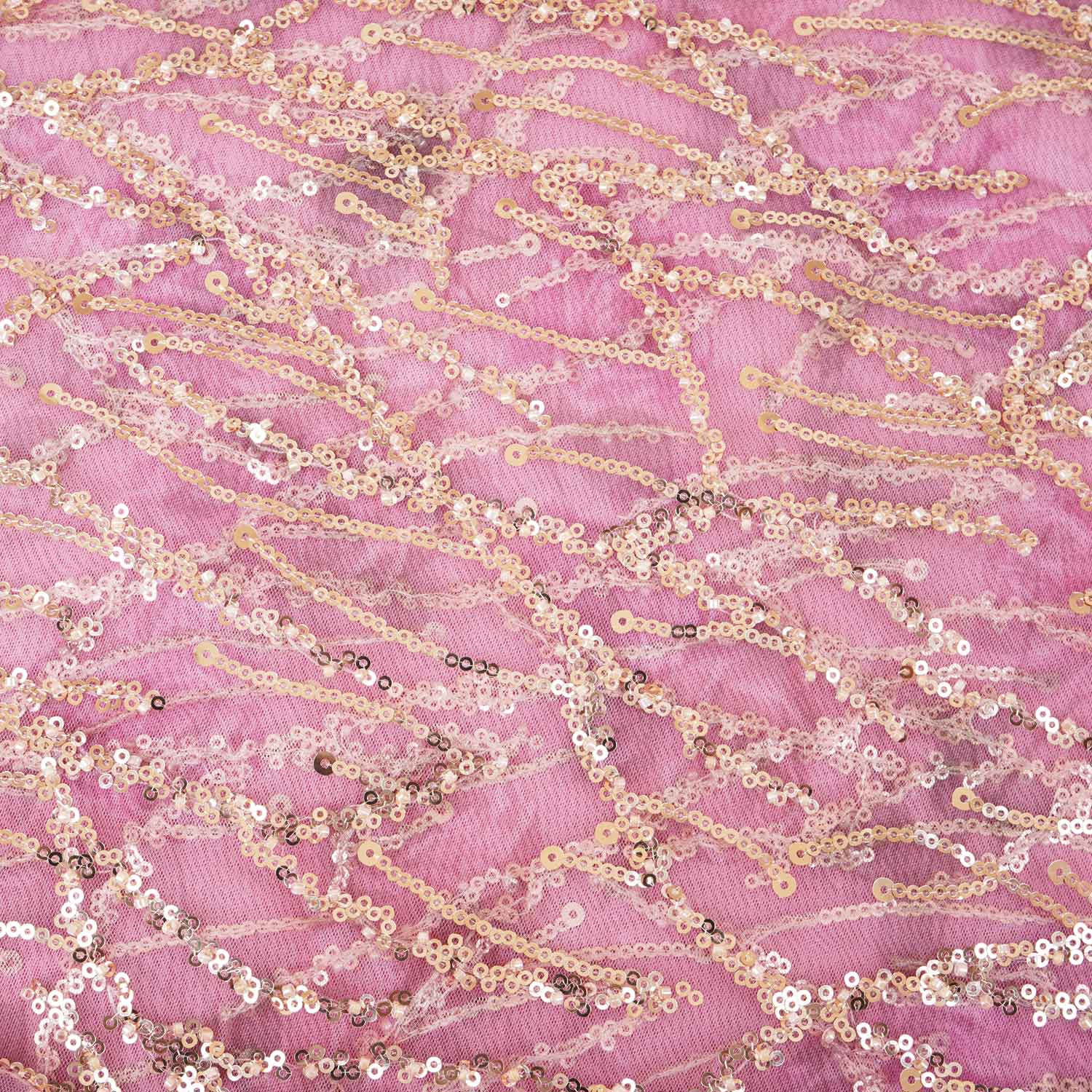 Onion Pink With Golden Floral Sequins Embroidery Net Imported Fabric - Image 5