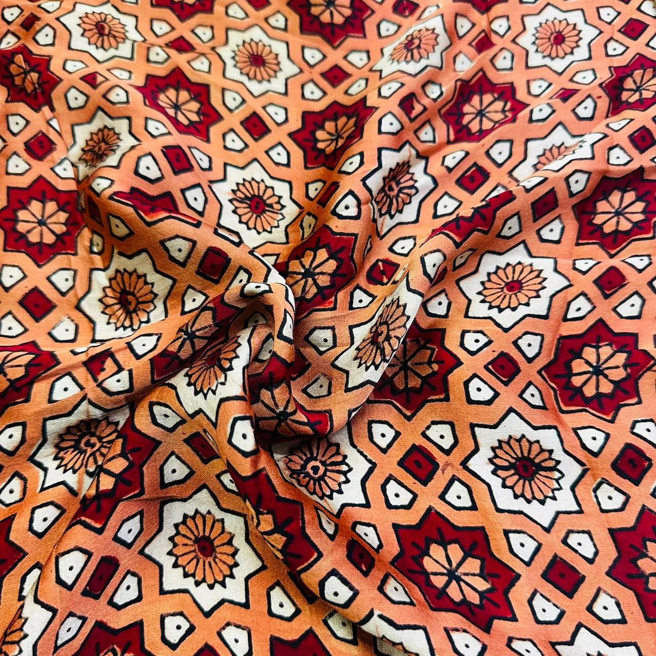 Orange Ajrakh Print Modal Silk Fabric IA-20751
