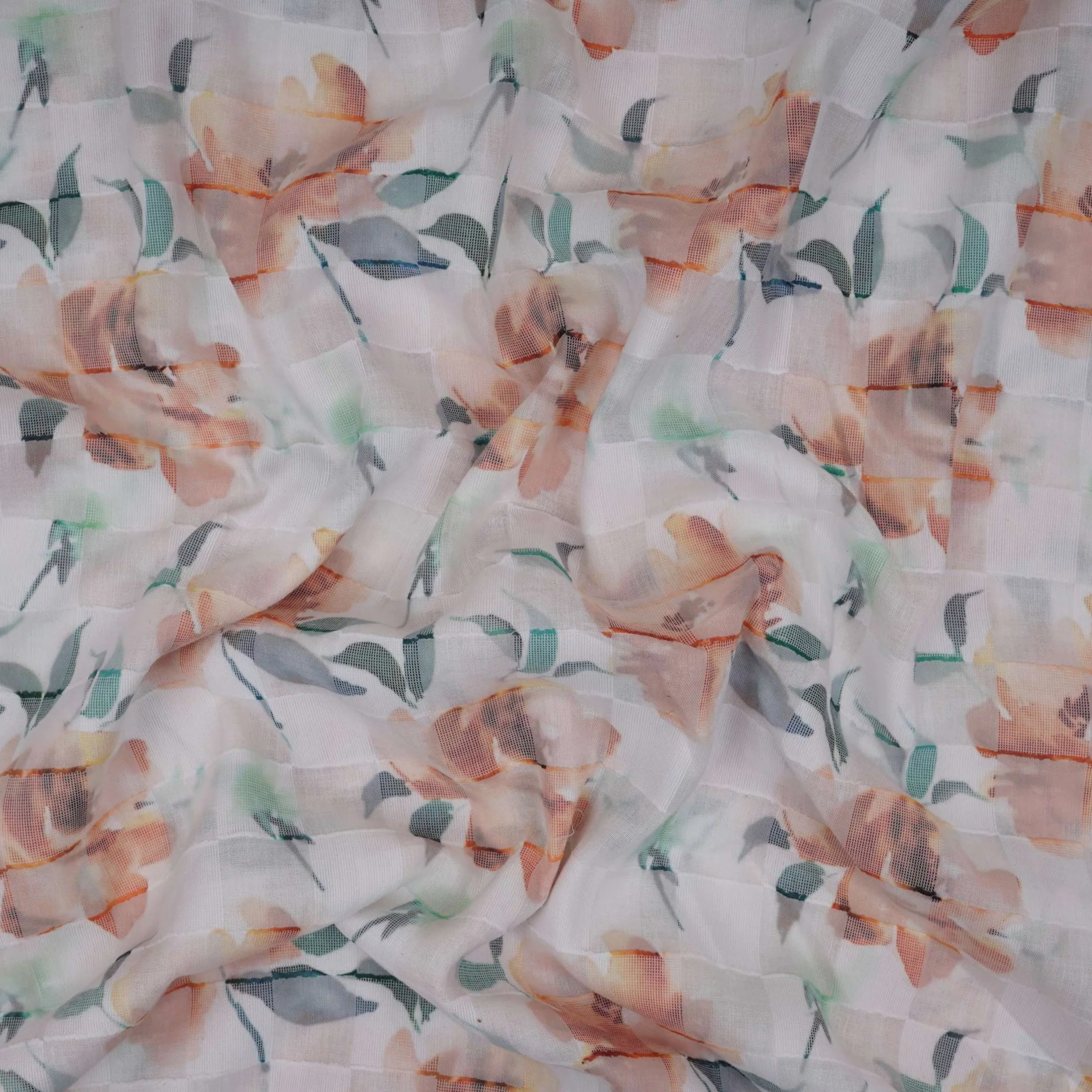 Orange & Green Dobby check floral print Cotton Linen Fabric DE-32138 - Image 2