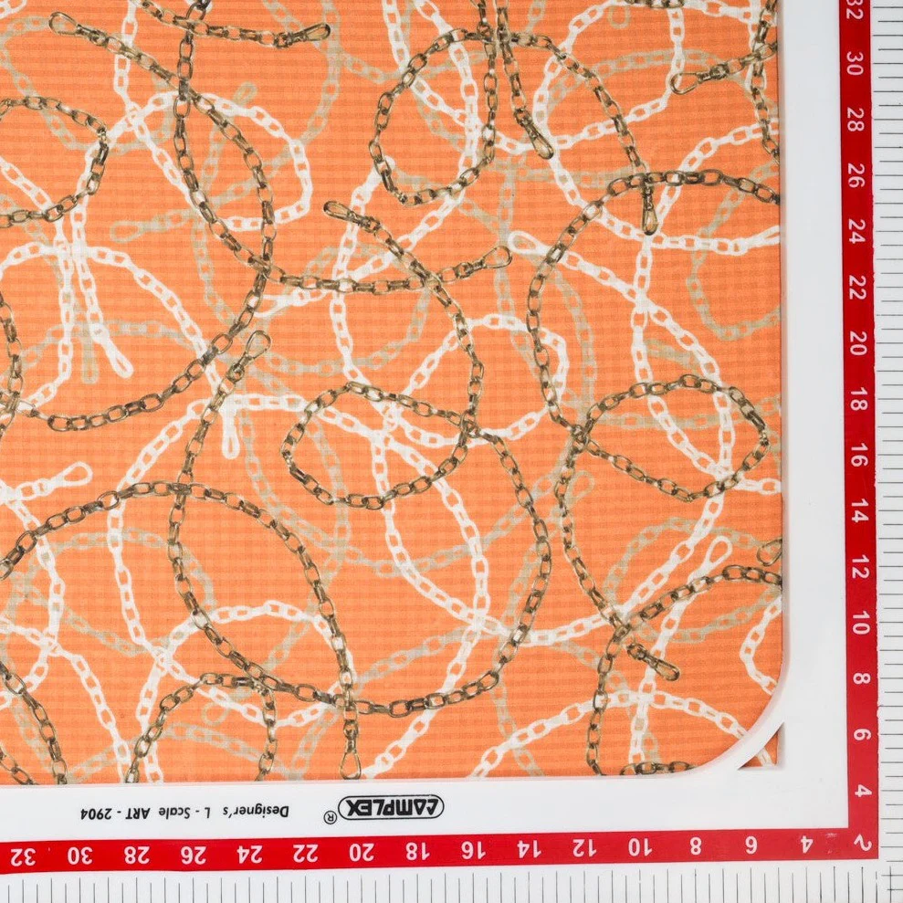 Orange Chain Digital Print Semi Crepe Fabric - Image 3