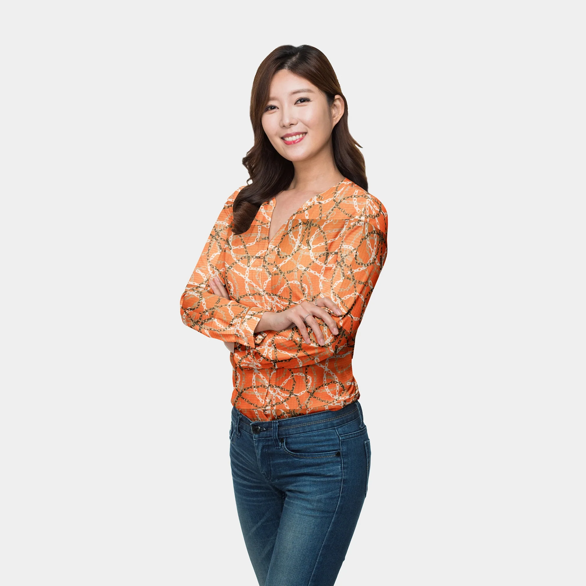 Orange Chain Digital Print Semi Crepe Fabric - Image 4