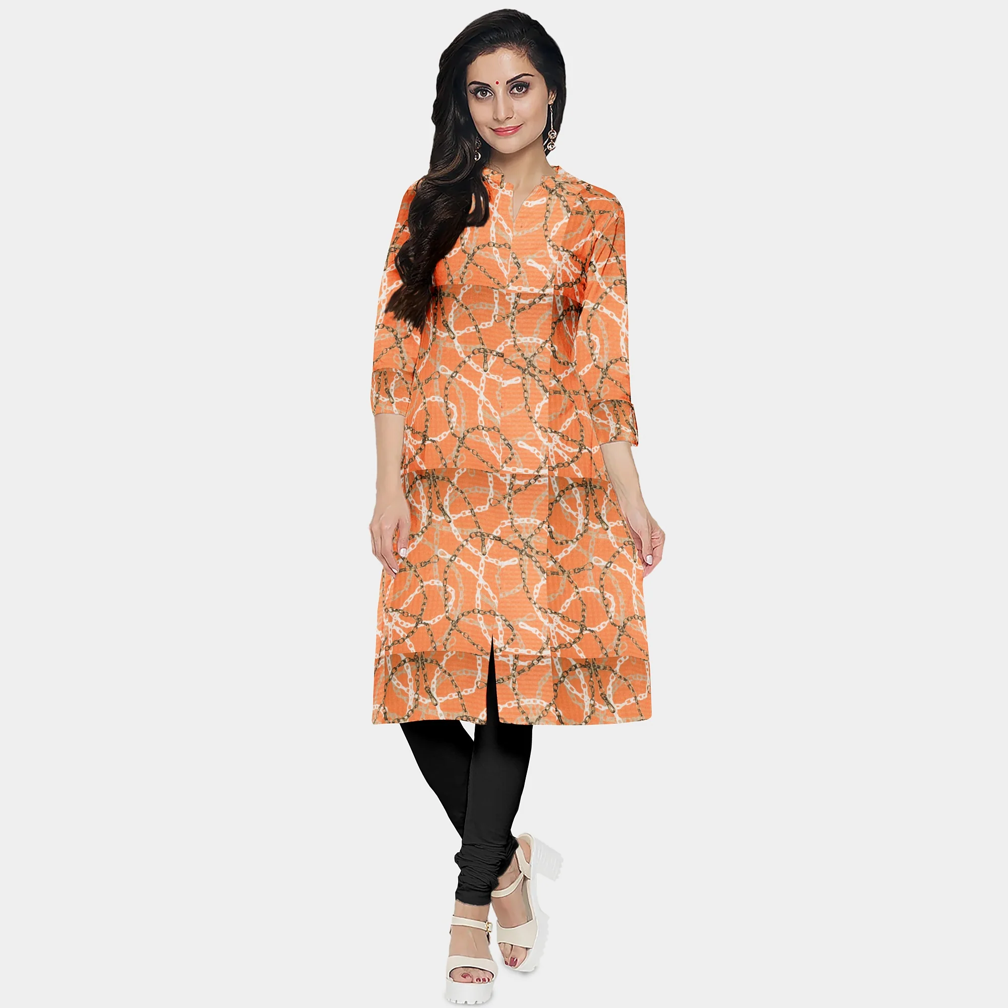 Orange Chain Digital Print Semi Crepe Fabric - Image 5