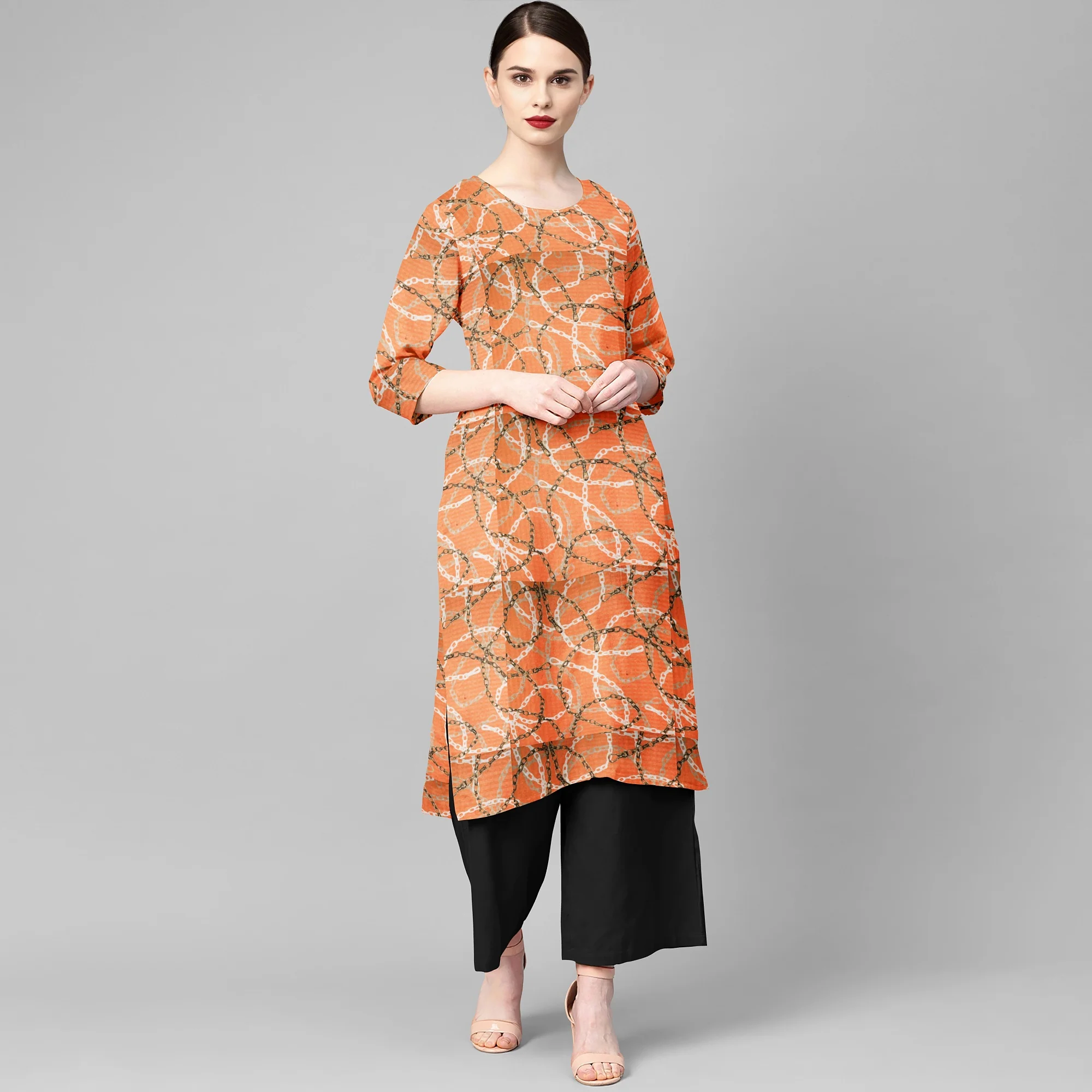 Orange Chain Digital Print Semi Crepe Fabric - Image 6