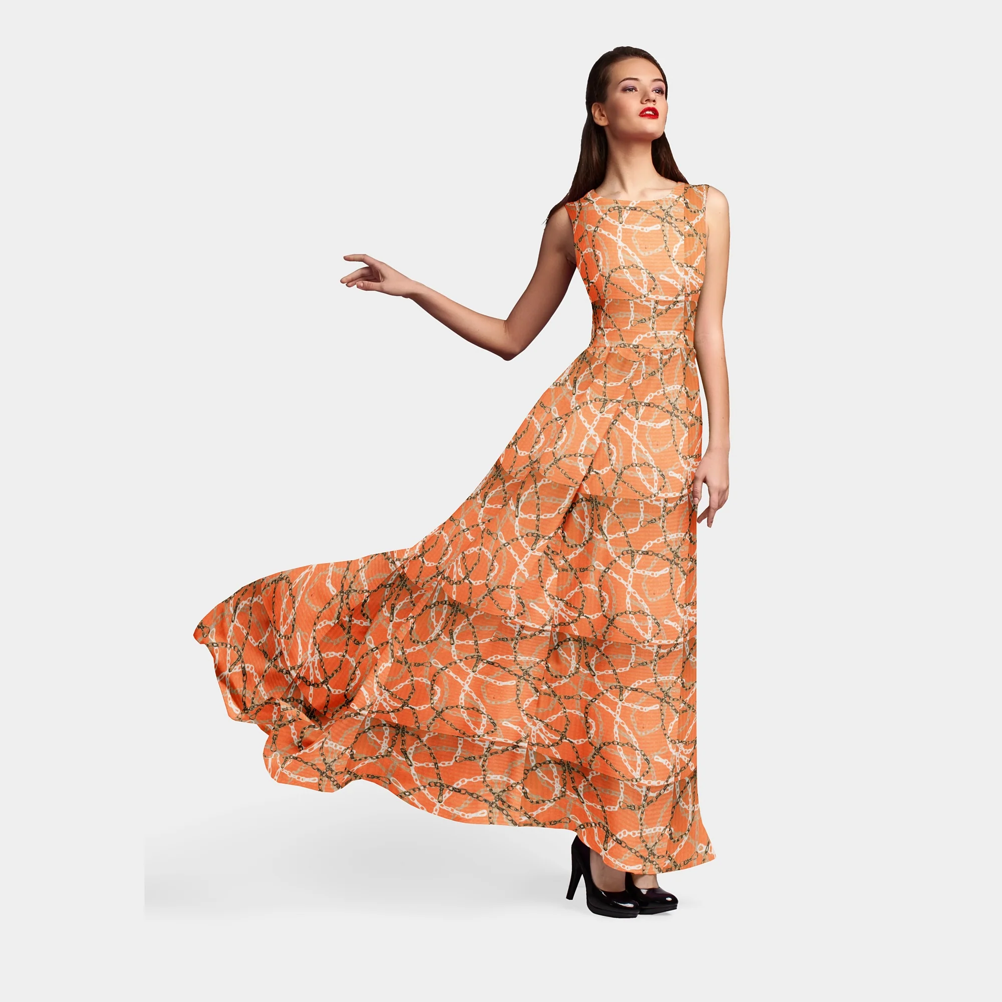 Orange Chain Digital Print Semi Crepe Fabric - Image 8